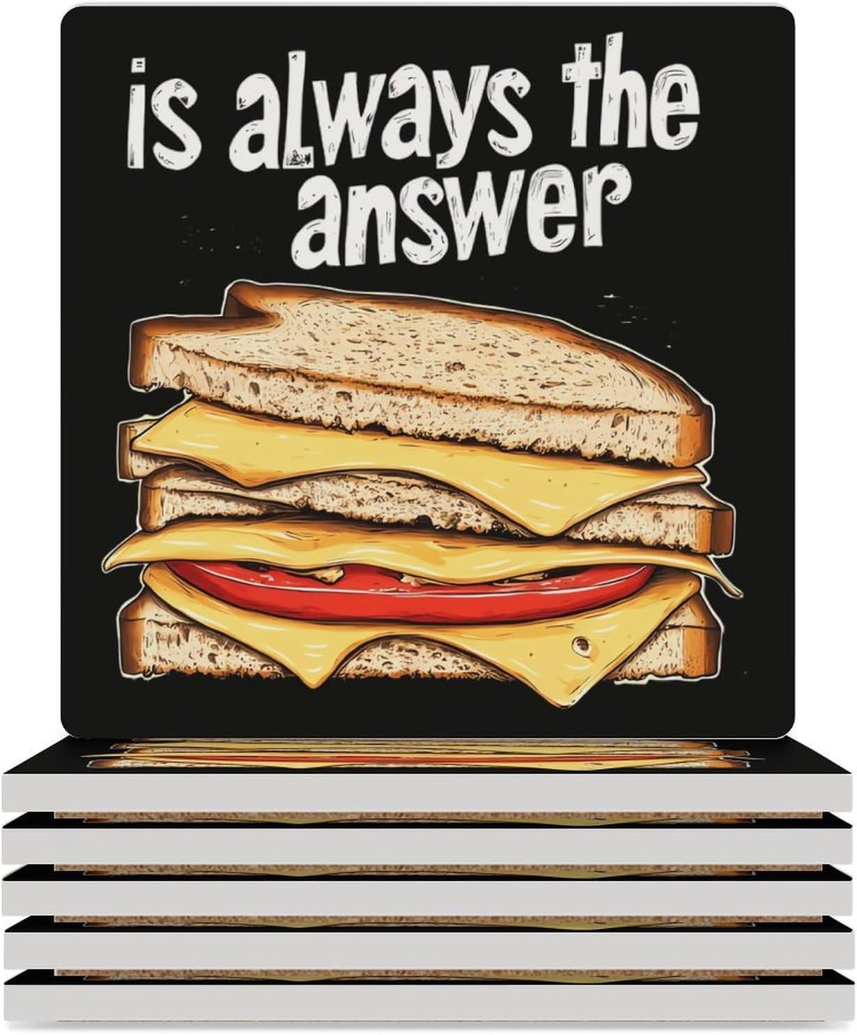 Grilled Cheese Sandwich is The Answer Funny Ceramic Coasters for Drinks Absorbent Cup Holder Tabletop Protector with Cork Base