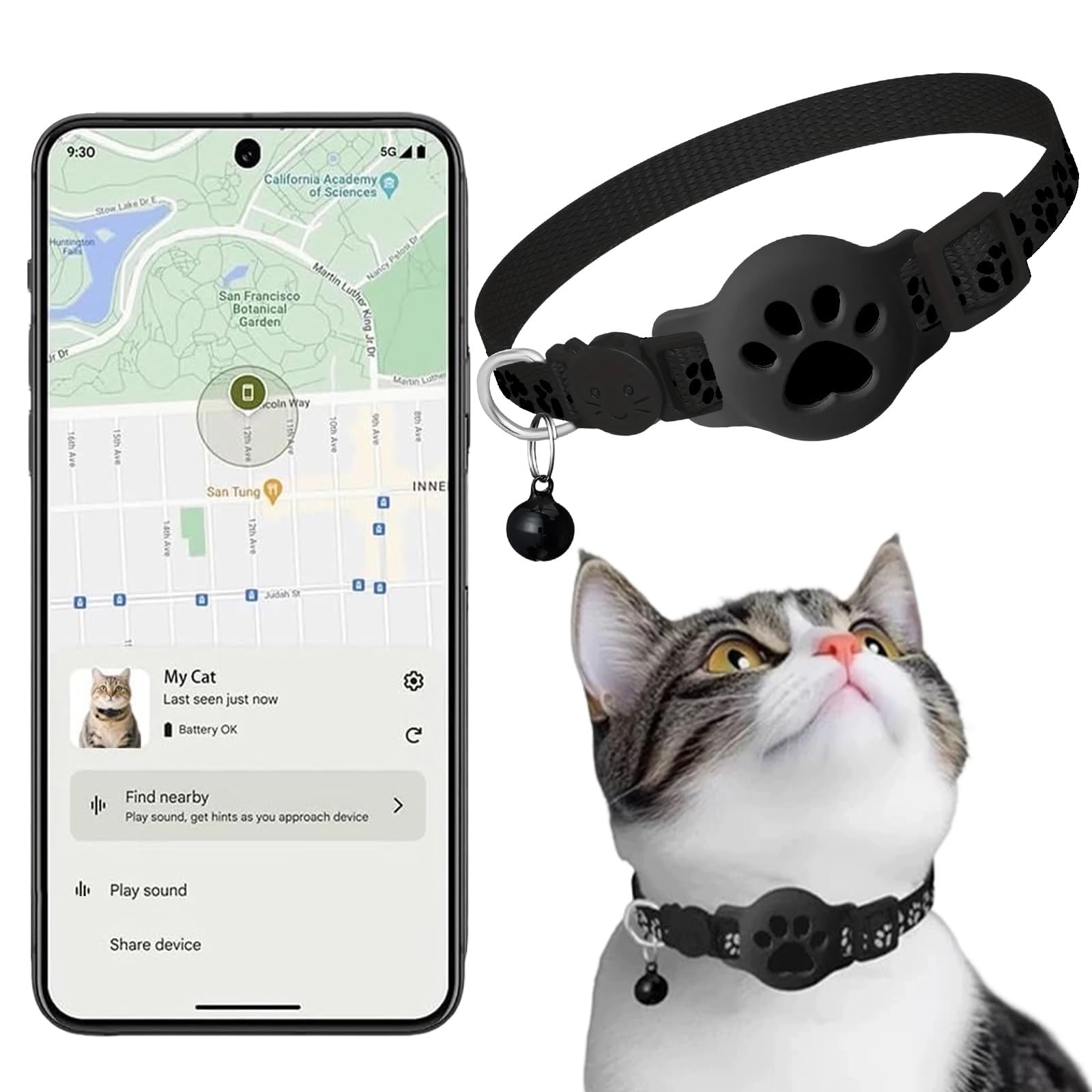 Collar GPS para Gato, Localizador para Gatos sin Suscripción ni SIM, Compatible con Goo-gle Encontrar Mi Dispositivo, Solo Android, Impermeable y Reflectante(Black Collar+Black)