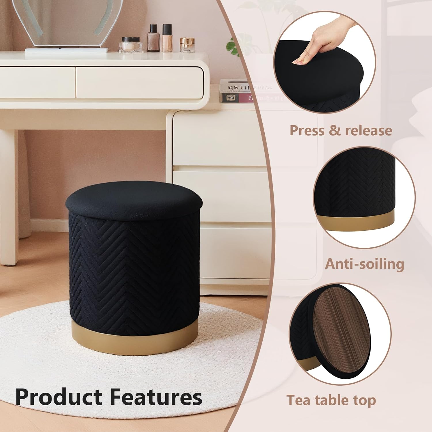 Round Ottoman with Storage - Stylish Footrest with Gold Legs, Perfect as a Coffee Table for Living Room and Dorm Rooms, Ideal for Home Decor and Students-Black