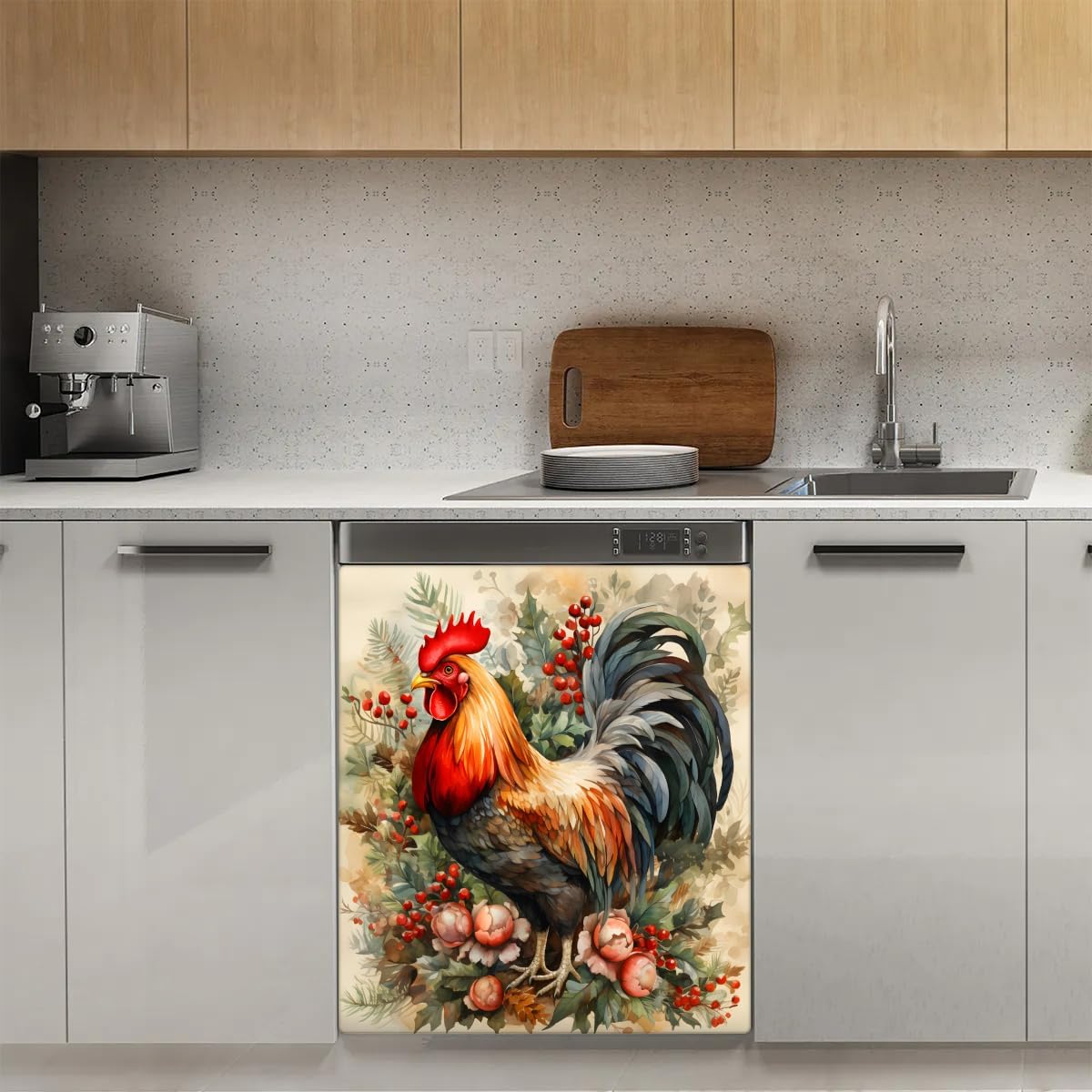 Honeybaby ファームハウス 雄鶏 食器洗い機用マグネットカバー 再利用可能 23 x 66インチ PVC磁気素材