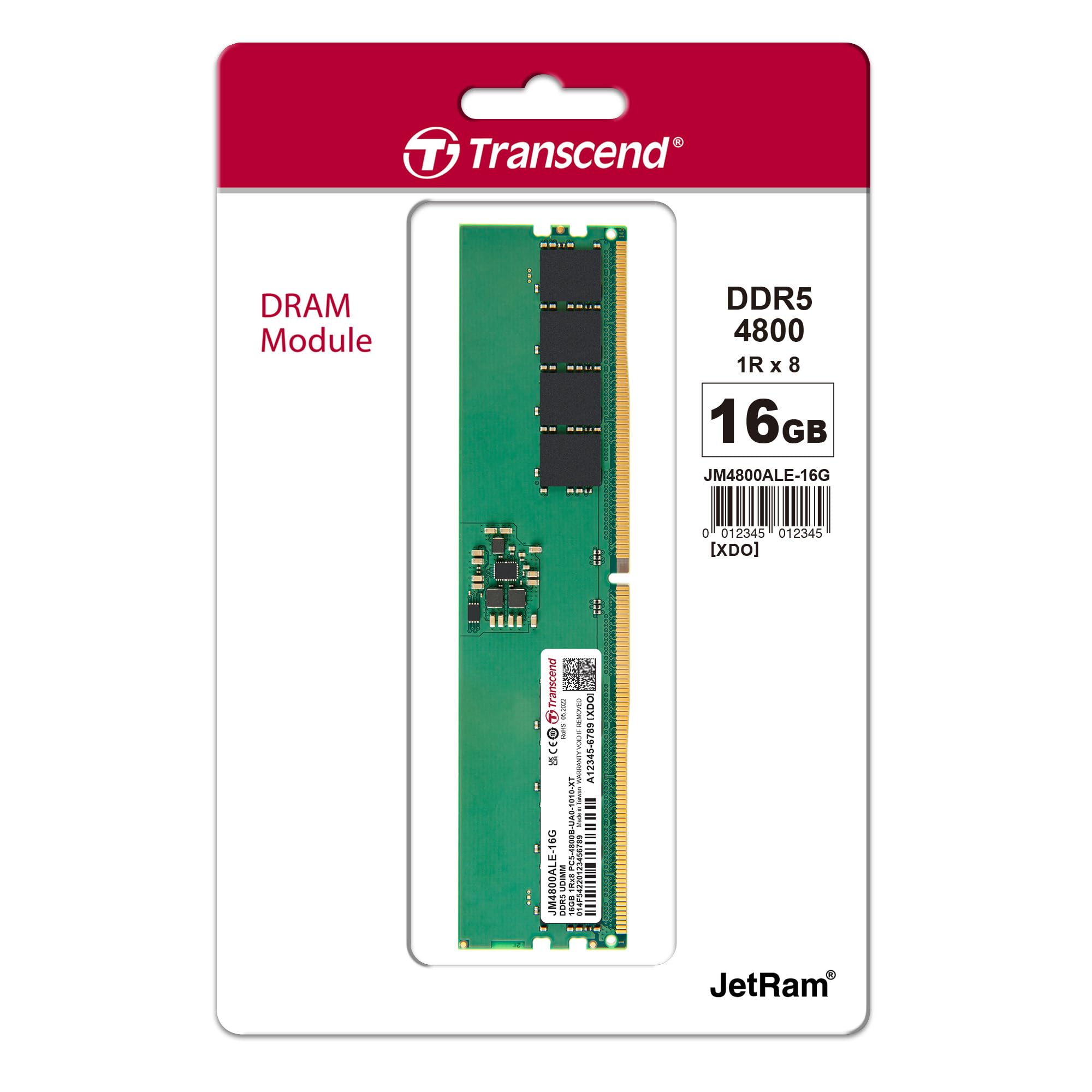 Transcend 16GB DDR5 メモリ JM4800ALE-16G Transcend JetRam 16GB DDR5 RAM 4800MHz Unbuffered Long-DIMM 1Rx8