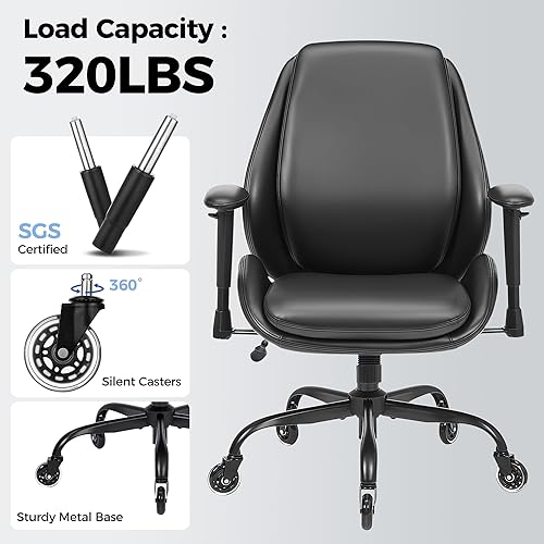 Miniatura 5 de BEWISHOME BBY02B Silla ergonómica de escritorio de oficina en casa, silla ejecutiva de cuero negro con reposabrazos ajustables, silla de computadora