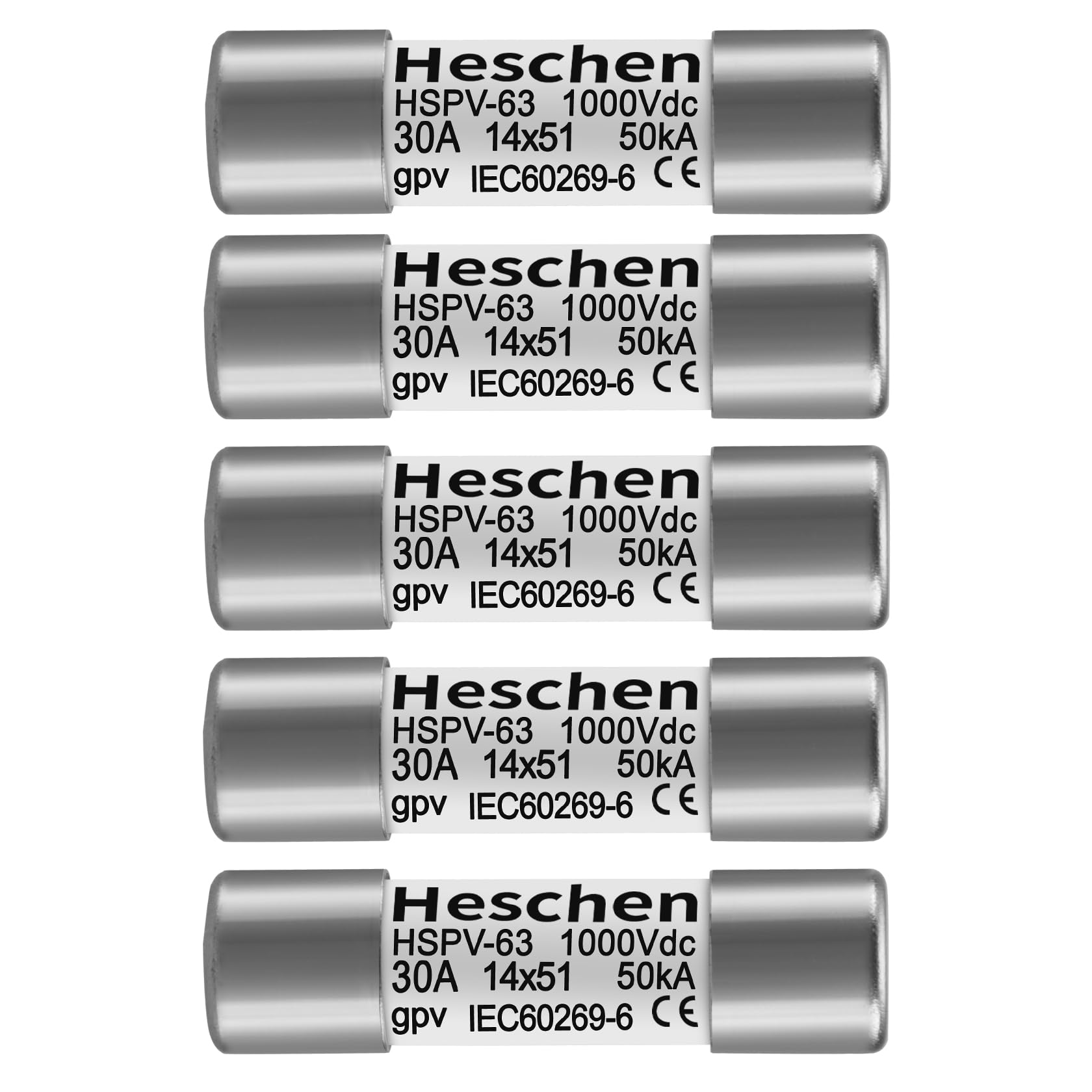 Heschen 5 fusibles fotovoltaicos solares de 1000 V CC 1000 V, tipo gPV, HSPV-63, 14 x 51 mm, 30 A, 1000 VDC, 50 kA, para protección solar de sistema de PV