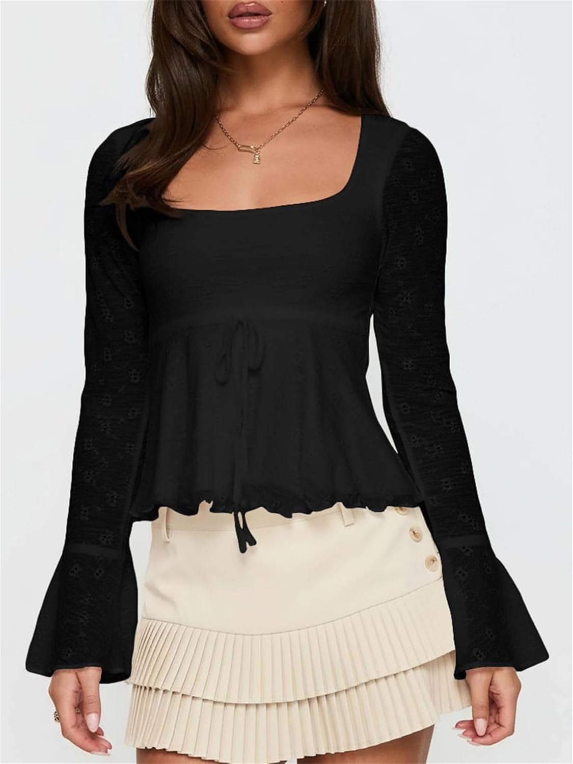 Women Long Sleeve Babydoll Tops Y2k Square Neck Sheer Floral Lace Ruffle Flowy Shirt Coquette Going Out Streetwear - Image 2