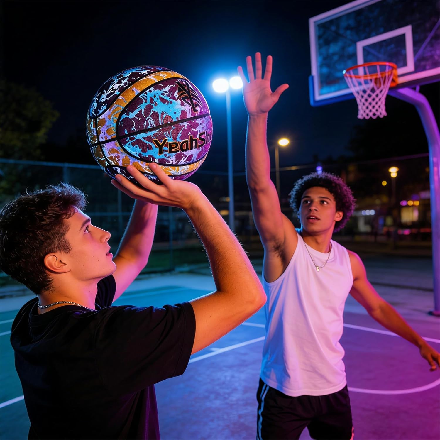 Glow in The Dark Basketball-Light up Ball Holographic Reflective and Cool Glow Basketball, Durable and Stylish for All Courts Complete Air Pump Kit,Holiday The Perfect