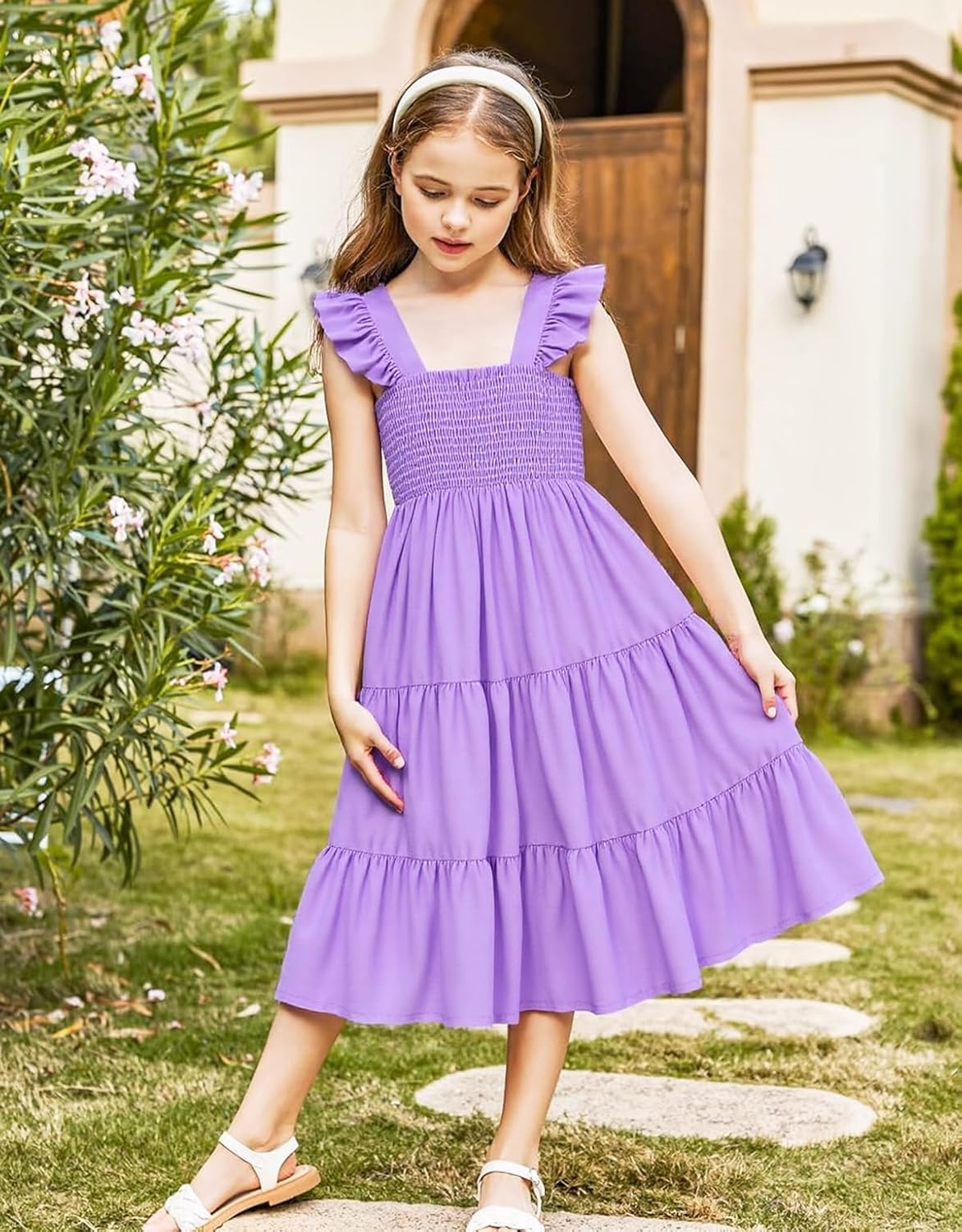 RETSUGO Girls Dresses Summer Flutter Sleeve Swing Casual Solid Color Tiered Smocked Dress 6-14 Years Old - Image 5