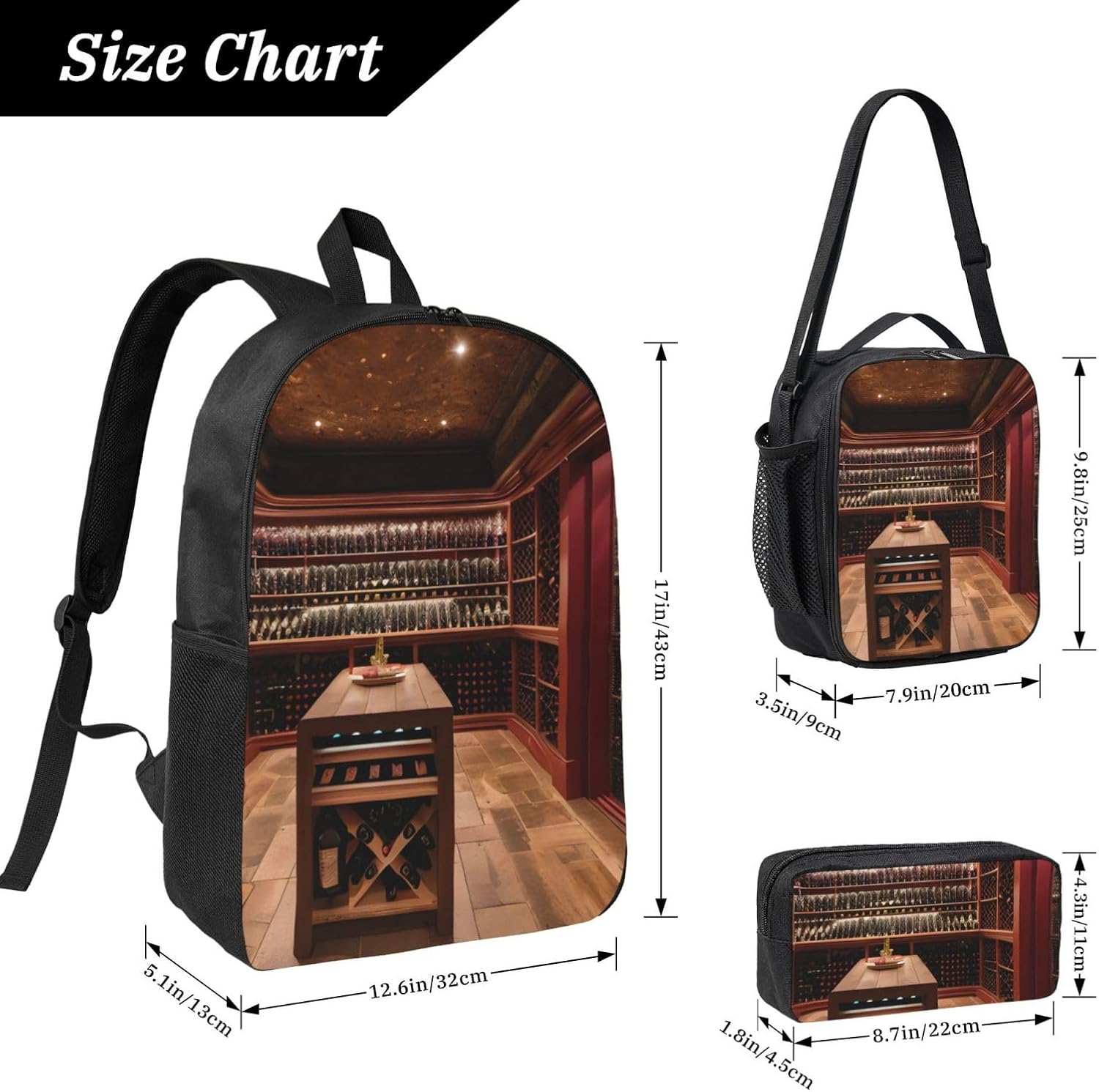 Red Wine Cellar print 3 Piece Backpack Bags with Lunch Box Pencil Case Set for Travel Work Camping Unisex