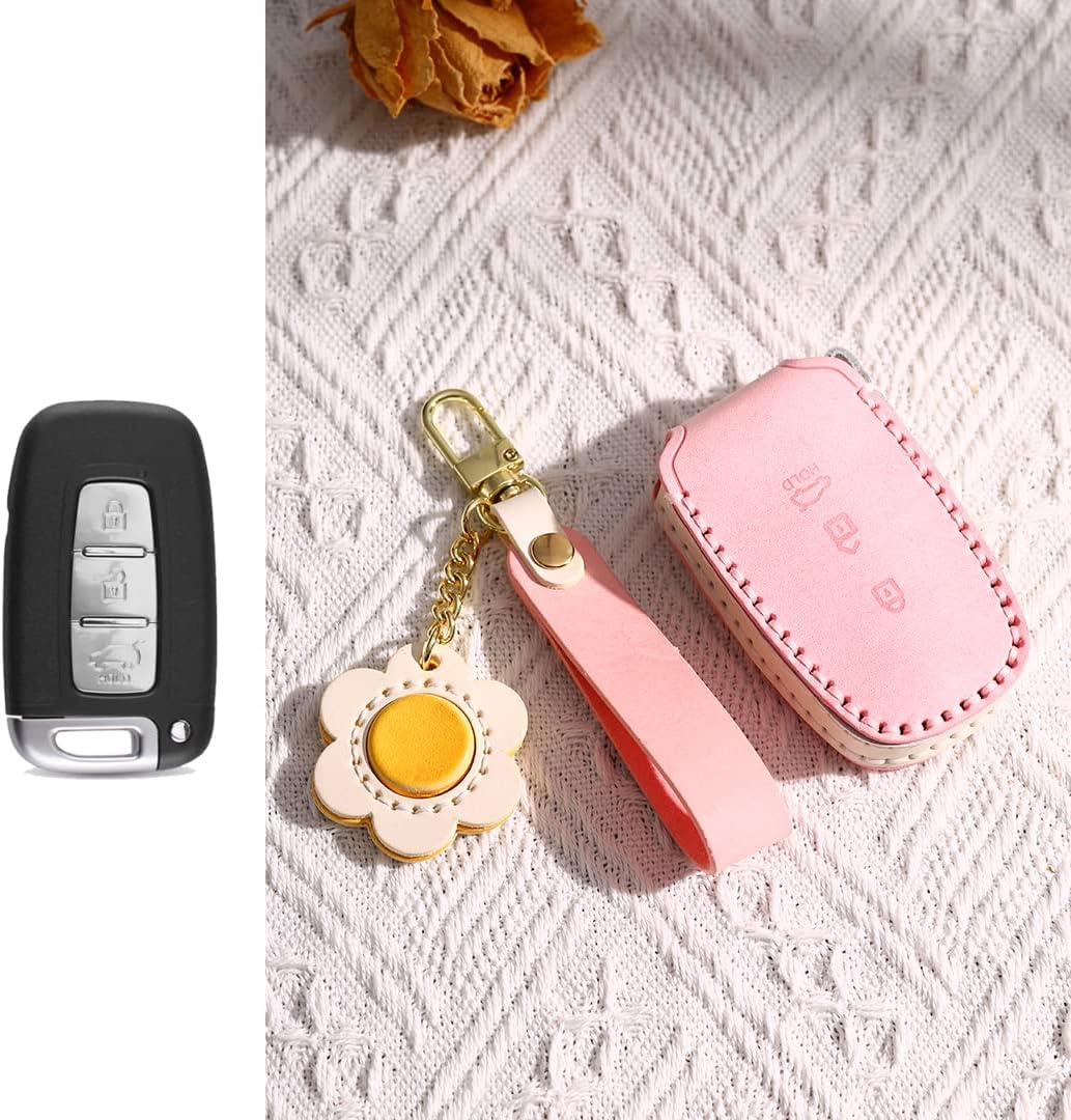 SANRILY Fashion Leather Key Fob Cover for Hyundai Azera Elantra GT Genesis Santa Fe Tucson fot Kia Forte Optima Sorento Keyless 3 Button Key Case with Flower Keychain Pink