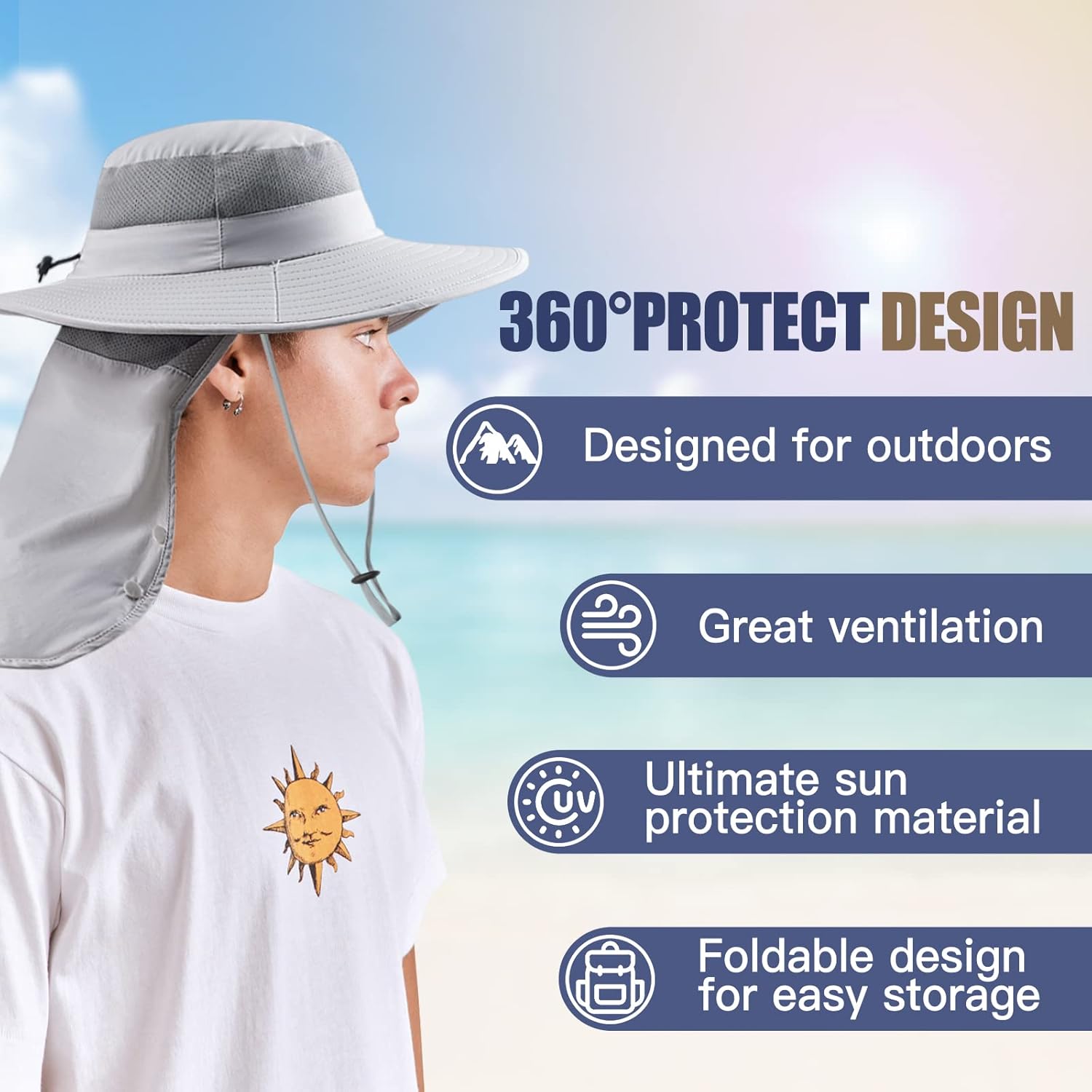 Fishing Hat for Men，Outdoor Sun Hat UPF52+ Mesh Wide Brim Fishing Hat with Neck Flap Light Gray