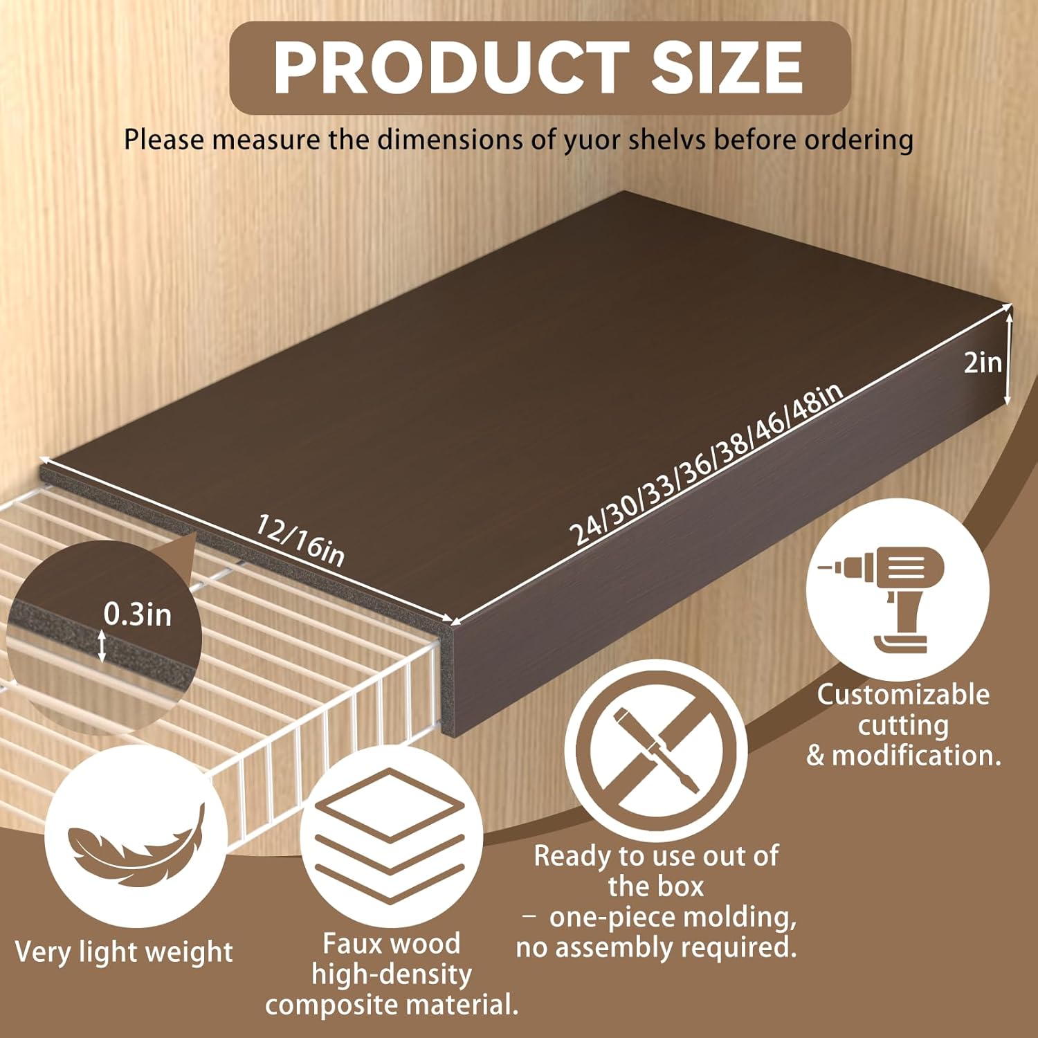 5 pack 24x16in wire shelf cover for pantry, closet, kitchen – waterproof pvc wood-look wire rack covers for shelves, multiple no-tool installation 24x16x2in walnut