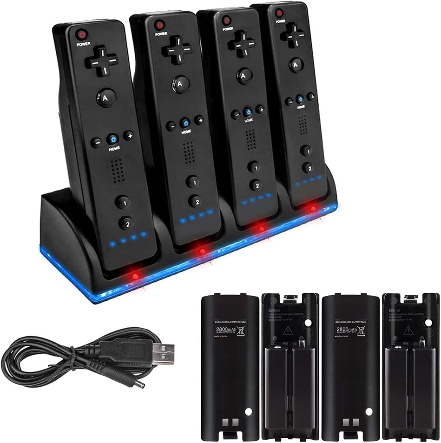 Liphontcta 4 Pcs 2800mAh Rechargeable Cells for Wii, 4 in 1 Wii Charging Dock Station for Wii Remote N-Switch Accessory for Wii/Wii U Controller(Black)