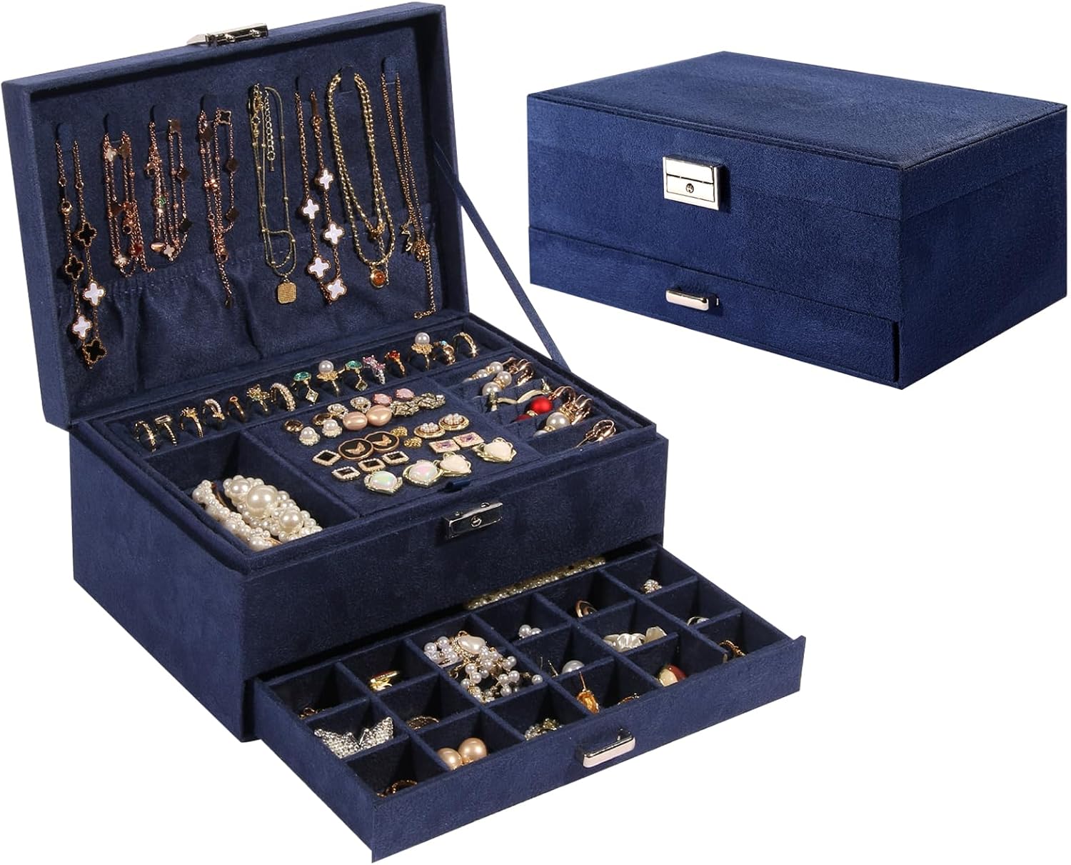 Jewelry Organizer Box, 3-Layer Jewelry Storage, Soft Lining Jewelry Storage Case Velvet Leather with Lock, Removable Tray for Jewelry, Vintage Jewelry Box Gift for Women, Girls, Mom, Wife