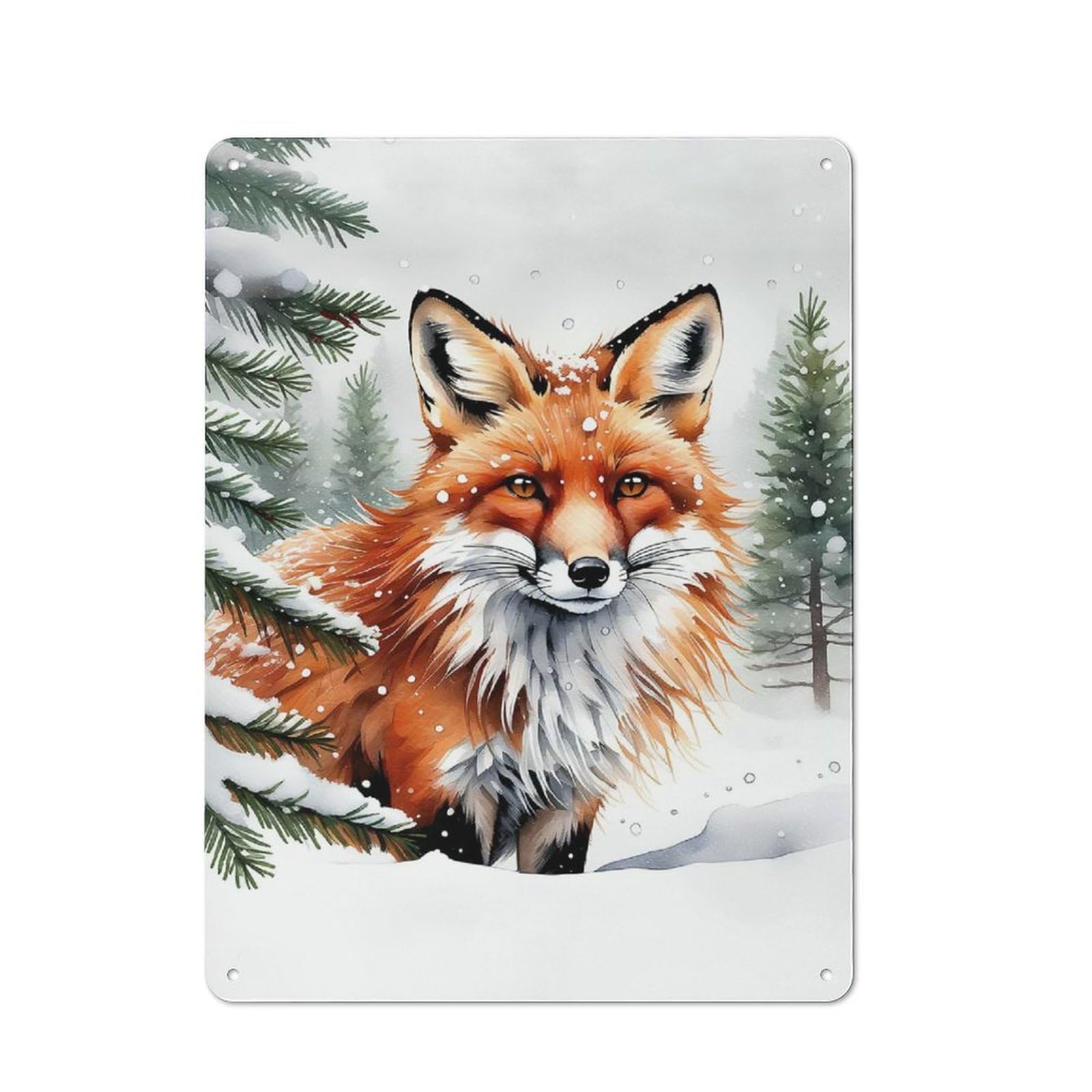 Junmoney Fox In Winter Watercolor Painting 40X30cm Industrial-Style Tin Sign With For Hallway Wall, A Metal Wall Feature For A Newly Arranged Hallway