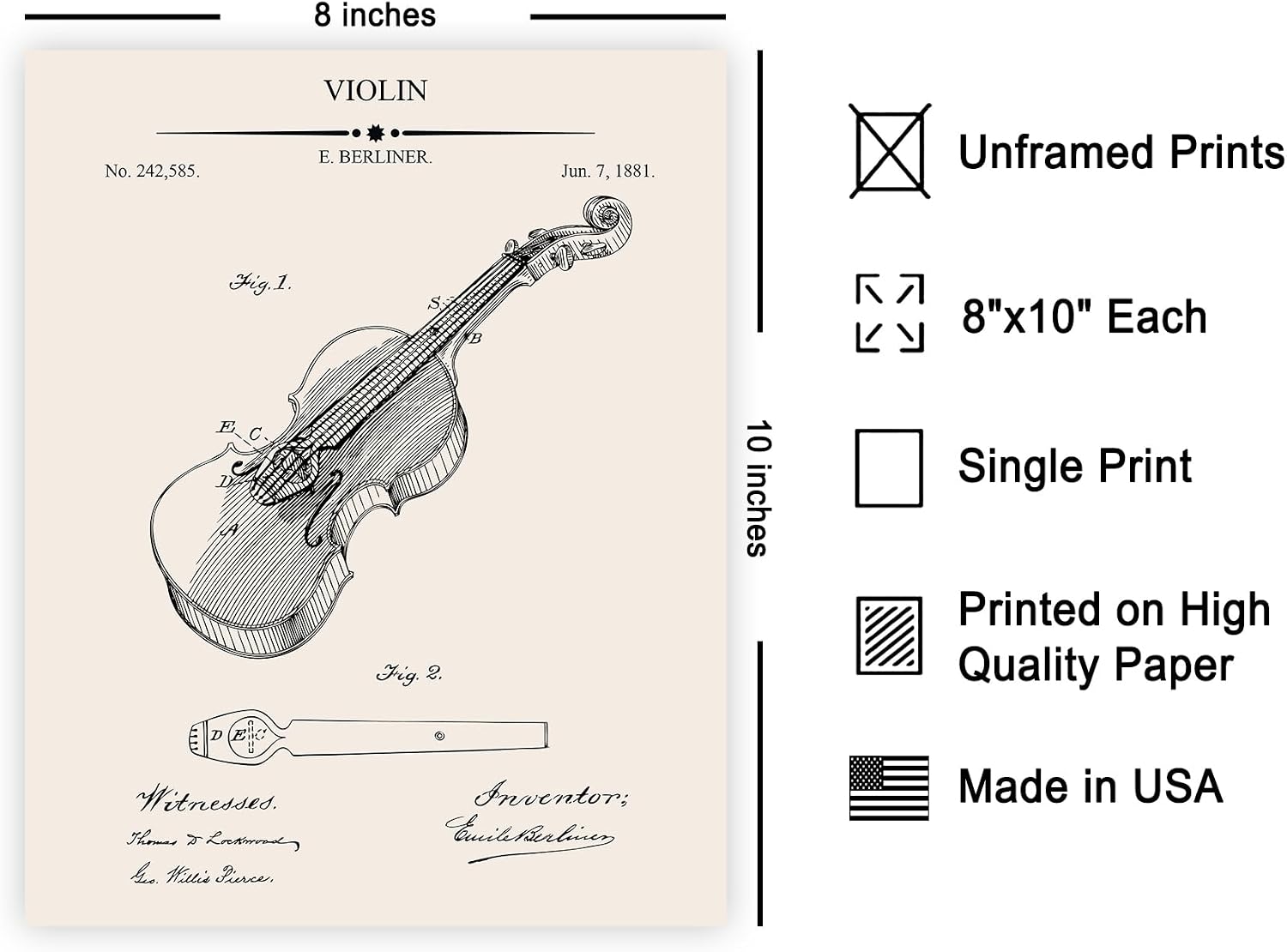 Poster Master Patent Print - Violin Blueprint Poster - Classical Music Art - Technical Drawing Wall Design - Stringed Instrument Art - Great Office or Music Room Decor - 8x10 UNFRAMED Wall Art