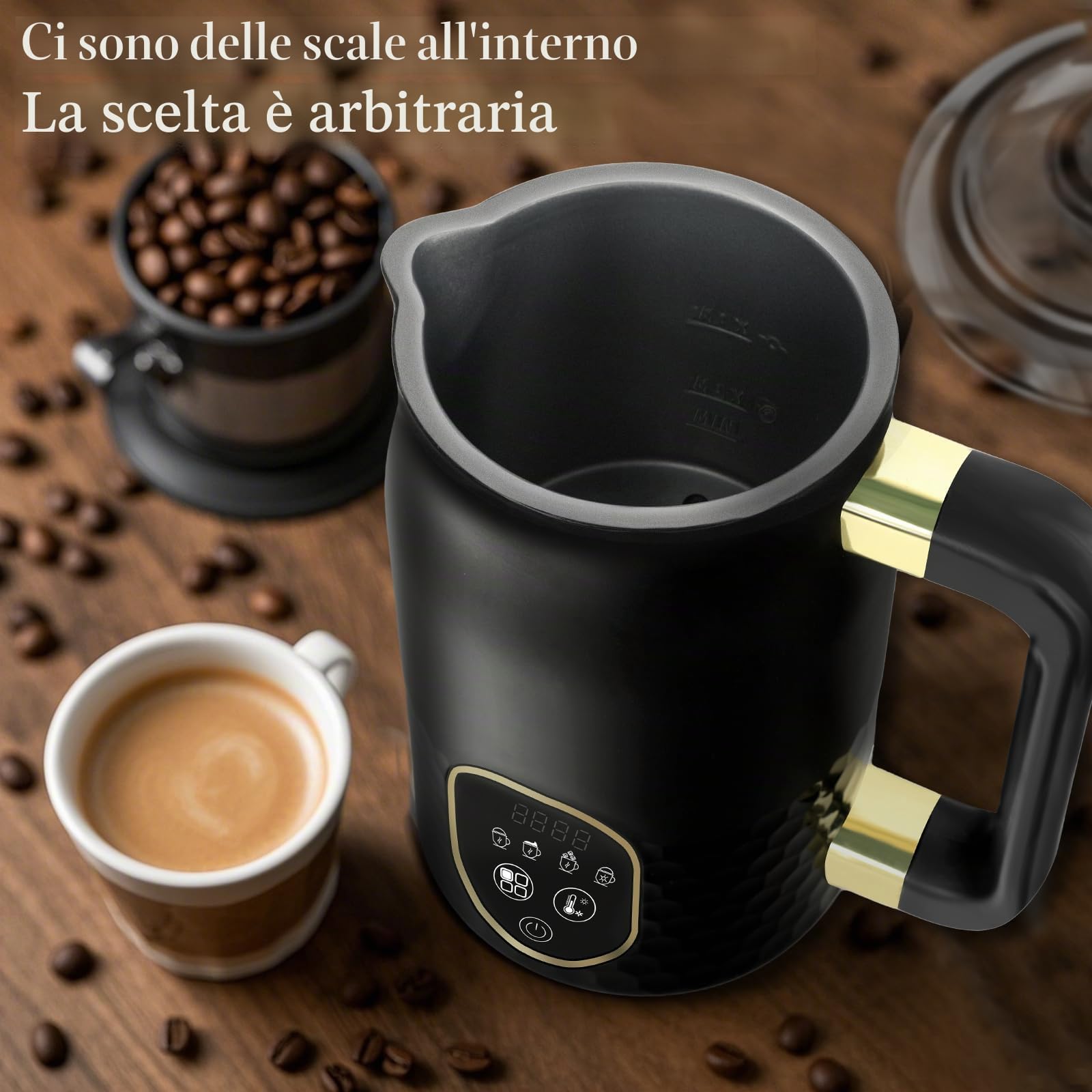 Montalatte elettrico 4 in 1 cioccolata calda con controllo temperatura, schiuma calda e fredda con 2 fruste per cappuccino, latte