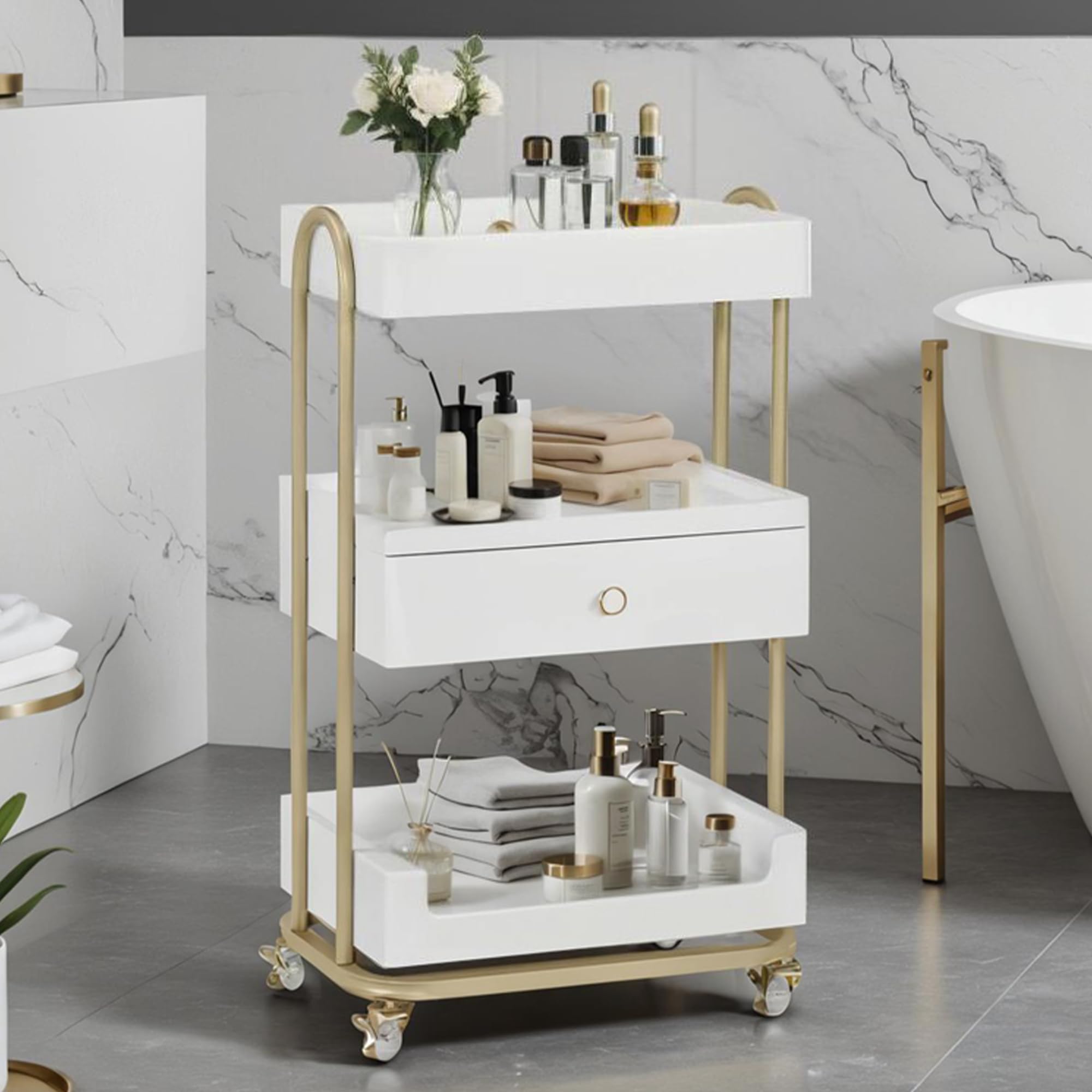 Barberpub Servante à roulettes & tiroir, Coiffeur Blanc-doré, Salon avec 3 étagères, servante Moderne pour Salle de Bain Salon, 37x51x87cm, 0093