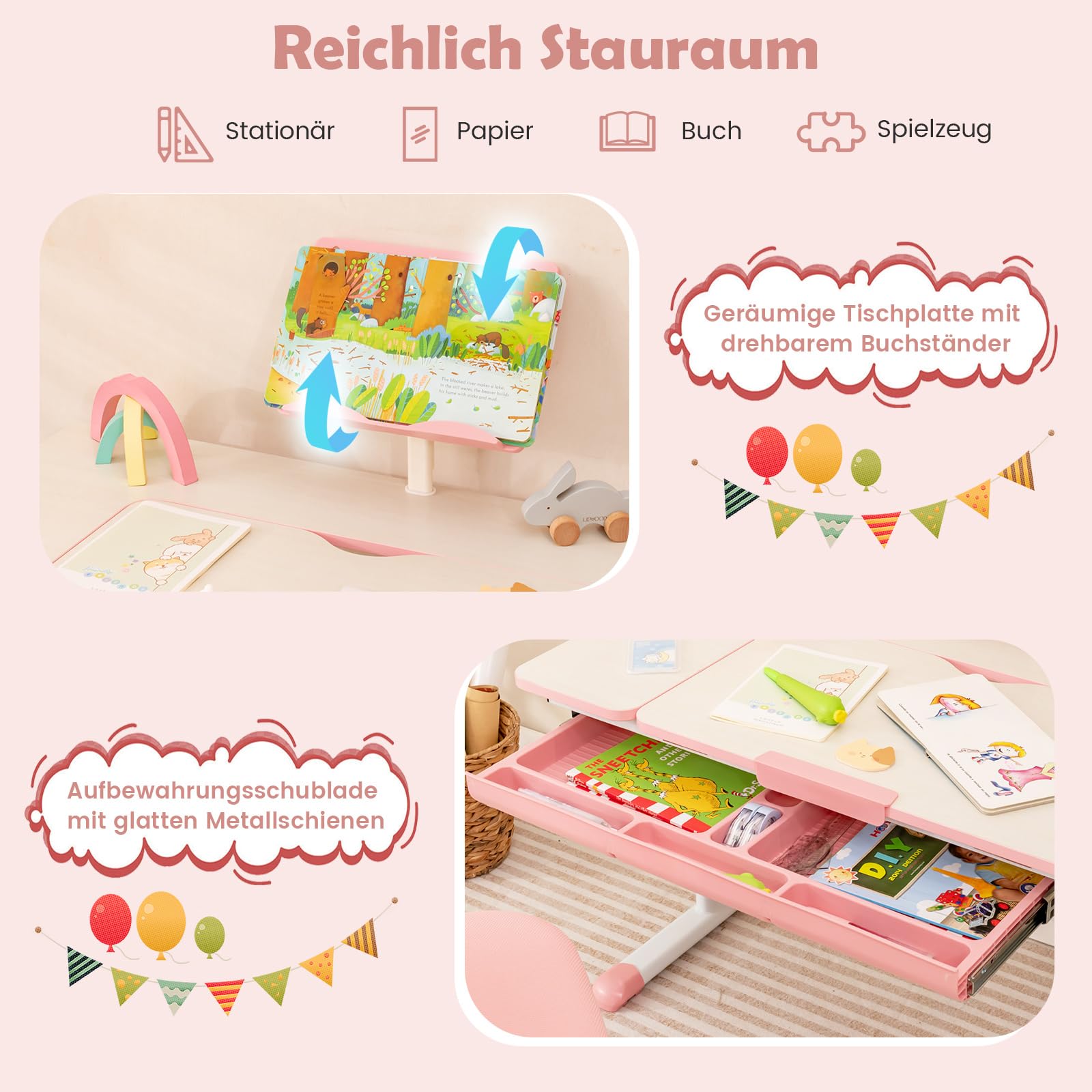 COSTWAY Kinderschreibtisch 51-73cm Höhenverstellbar, Schülerschreibtisch mit neigbarer Tischplatte, Bücherständer, Schublade & Messlineal, ergonomischer Jugendschreibtisch für 3-12 Jahre Kinder (Rosa)
