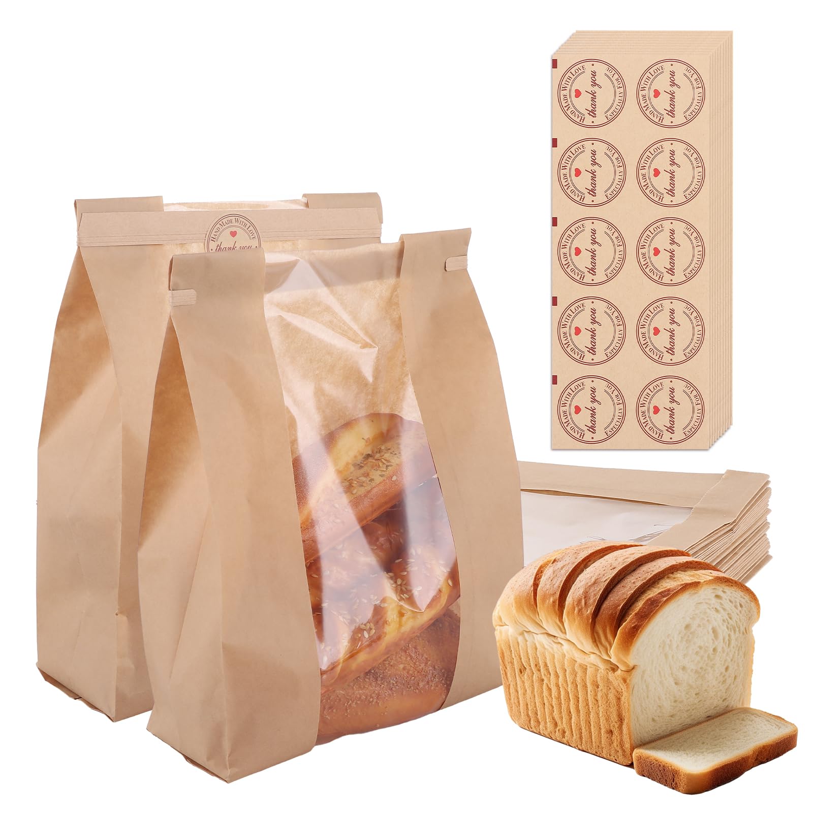 Ghligna 150 Pack Paper Bread Bags with Window, Large Kraft Bakery Bags for Homemade Sourdough, Sandwich Bags with Thank You Stickers, Greaseproof Storage for Cookies & Snacks (35 x 21 x 9 cm)