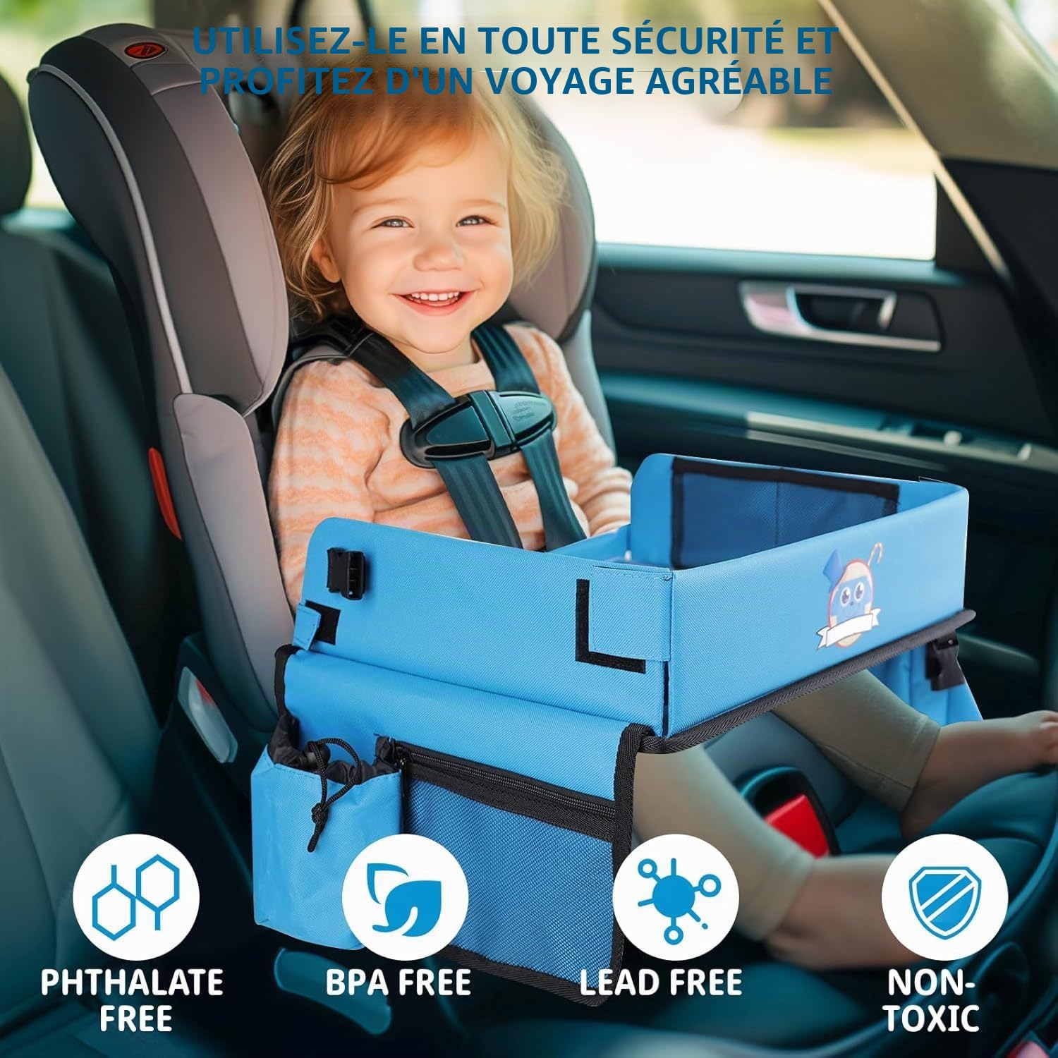 Plateau de Voyage, Plateau pour siège Auto pour Enfant avec Surface de Dessin effaçable Transparente, Plateau d'activités Polyvalent pour Enfants avec 6 stylos et 5 Cartes à Dessin