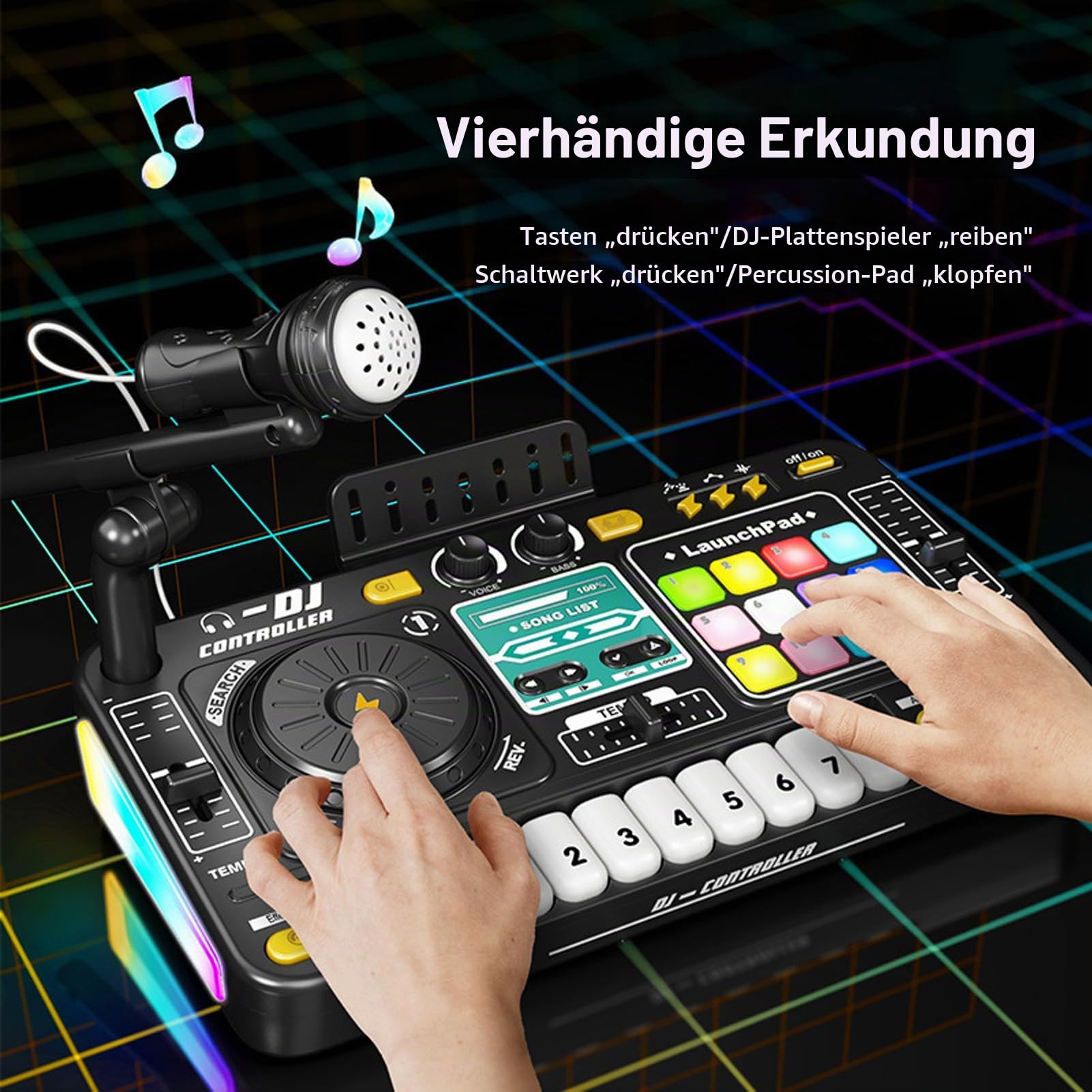 Btuty DJ Controller für Kinder Disc Player Elektronische Tastatur BT DJ Mixer Tisch mit verstellbarem Mikrofon dynamischen Lichteffekten Partyspielzeug für Kinder Musikalische