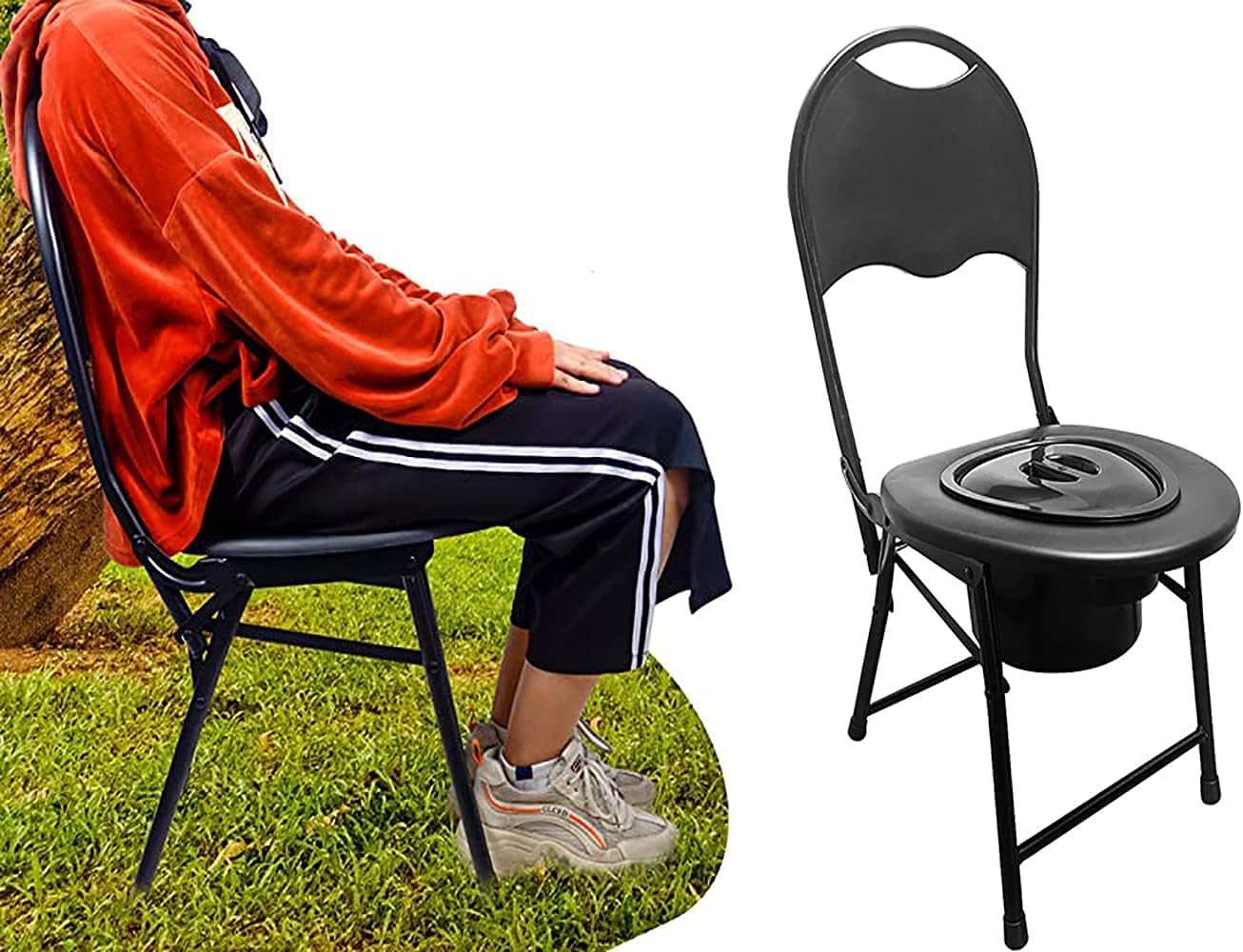 Portable Camping Toilet Chair with Backrest Steam Seat ，Folding Bedside