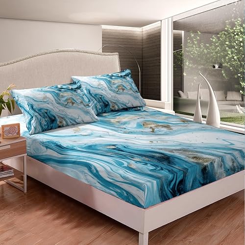 Miniatura 4 de Erosebridal Sábanas de mármol azul y blanco, juego de sábanas de lentejuelas doradas, sábanas de cama con patrón geométrico de piedra, sábana