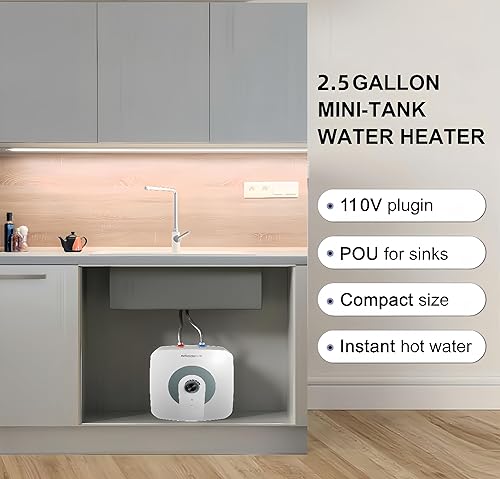 Miniatura 3 de Calentador de agua eléctrico con mini-tanque, punto de uso de 2.65 galones, calentador de agua caliente instantáneo de 110 V 1500 W, elimina el