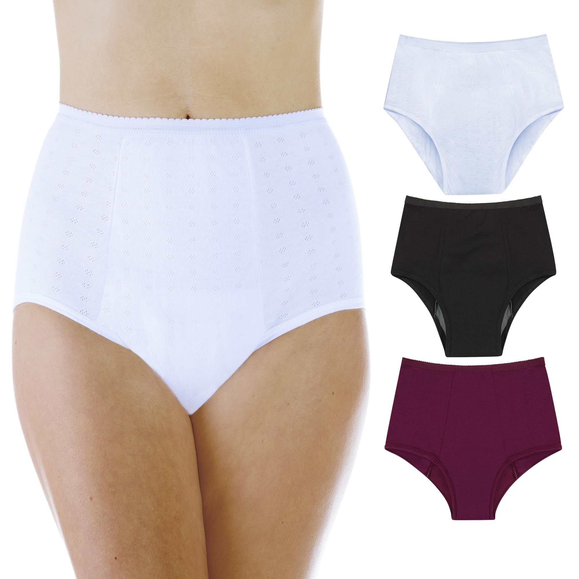 Wearever Women's Maximum Absorbency Incontinence Panties for Bladder Control - Washable, Reusable, Leak Proof Underwear for Women 600 ml - (Pack of 3) (White, Black, Plum) (1X) (Fits Hip: 43-44)
