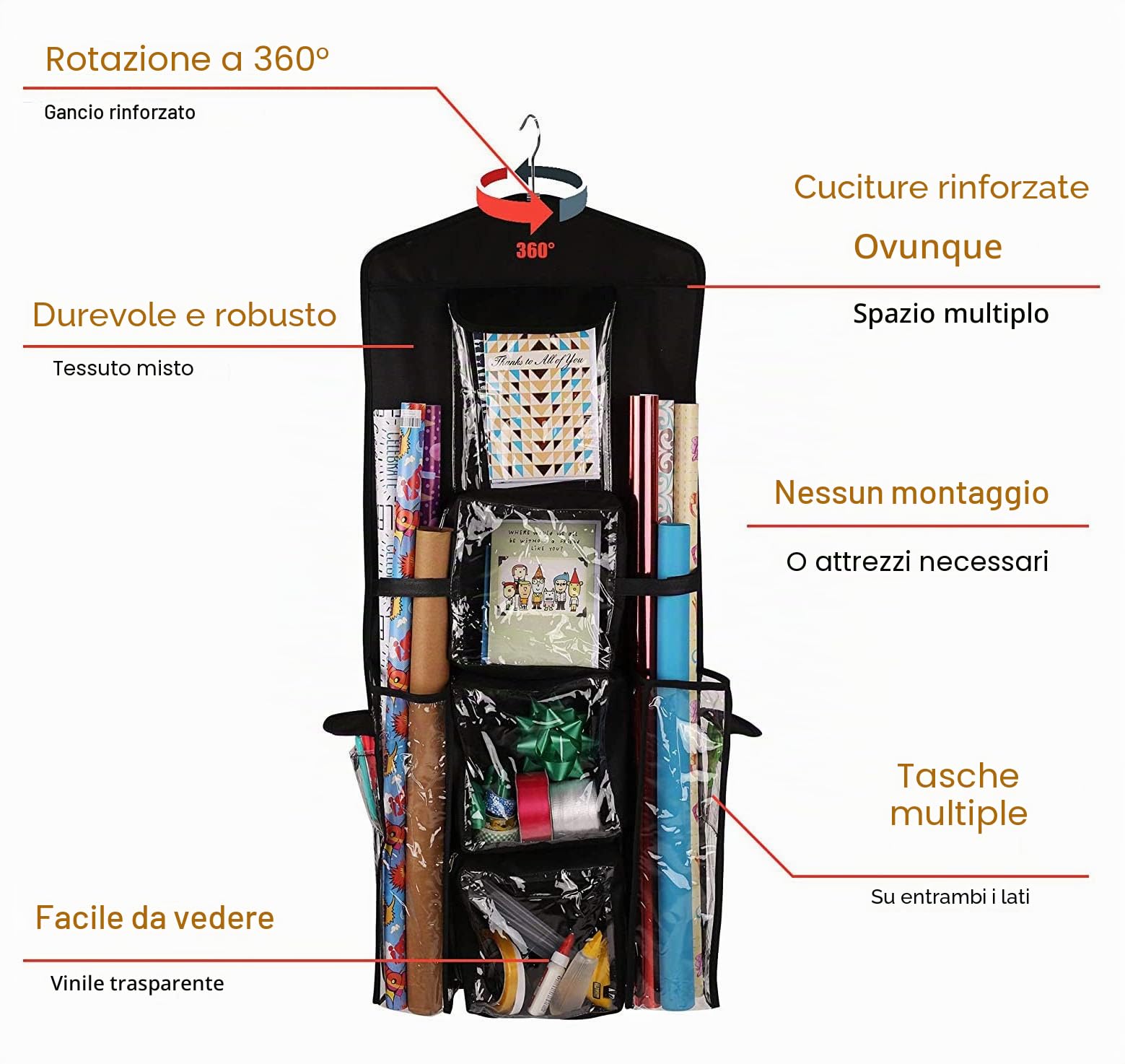 Organizer per buste regalo e carta regalo da appendere, double-face, con tasche multiple in PVC trasparente, 101,6 x 43,2 cm (nero)
