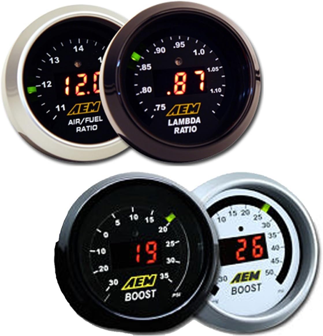 AEM 2 Gauge Display Set - UEGO WideBand A/F Ratio Gauge (30-4110) + Boost Pressure Gauge (30-4406)