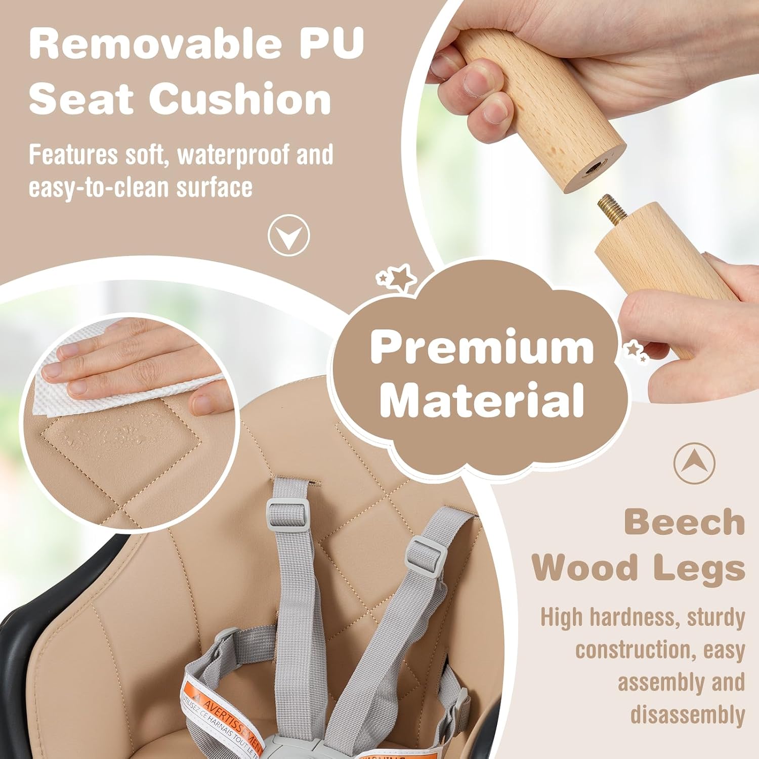   High Chair, 6 in 1 Convertible Wooden High Chair for Babies & Toddlers with Adjustable Legs, Double Removable Tray, Safety Harness & Waterproof PU Cushion (Coffee) thumbnail