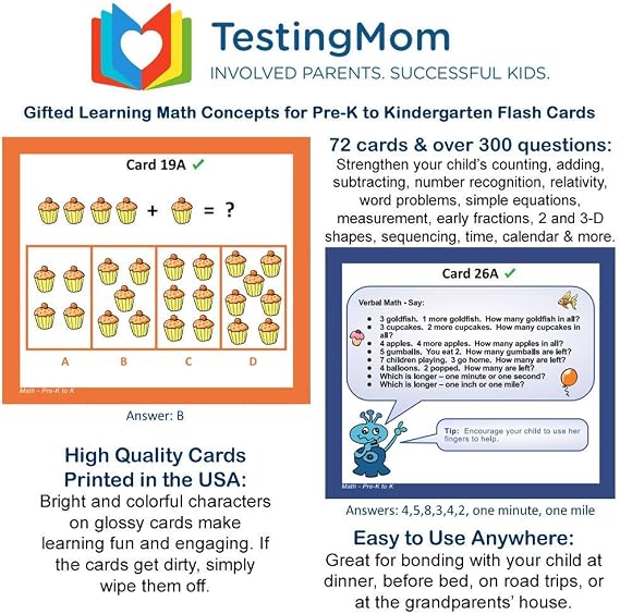 Gifted Learning Flash Cards Math Concepts for Pre-K to Kindergarten Addition, Subtraction, Counting, More for CogAT, Iowa Test, NNAT, OLSAT, NYC Gifted and Talented