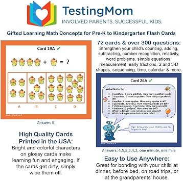 Gifted Learning Flash Cards Math Concepts for Pre-K to Kindergarten Addition, Subtraction, Counting, More for CogAT, Iowa Test, NNAT, OLSAT, NYC Gifted and Talented