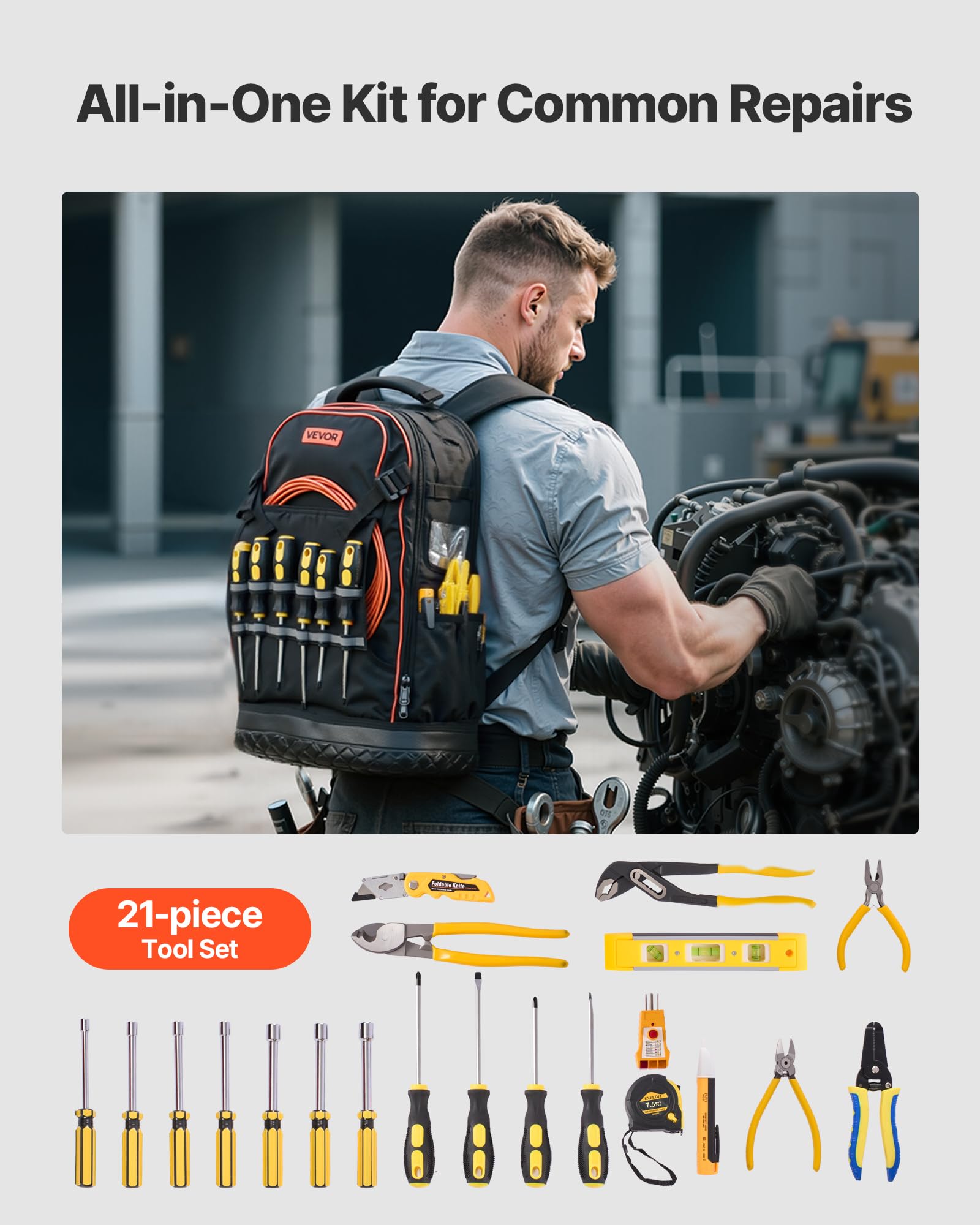 VEVOR Zaino Portautensili, 65 Tasche, per Attrezzi Pesanti, Zaino da Lavoro con Scomparto per Laptop e Base Sagomata, Borsa da Cantiere per Elettricisti, Riparatori e Tecnici HVAC Nero Arancione