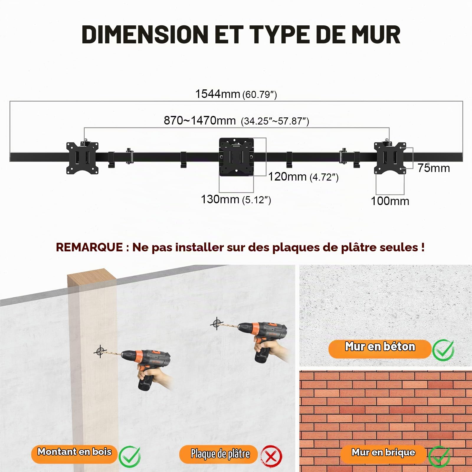 Support Mural Triple pour écrans de 17 à 32 Pouces