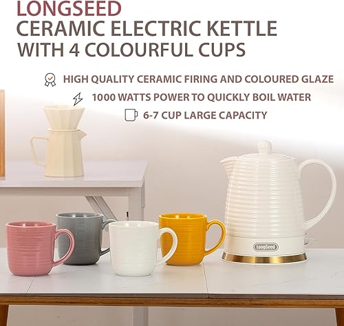 Miniatura 3 de Hervidor eléctrico de cerámica de 1.26 cuartos de galón con infusor y kit de tazas, tetera de agua hervida, protección contra hervido y seco,