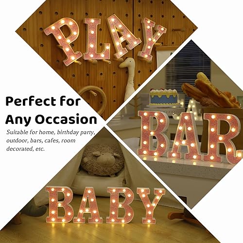 Miniatura 7 de Letras con luces LED, letras de marquesina con brillantina rosa, letras del alfabeto, letreros iluminados por pilas, para decoración de fiestas del