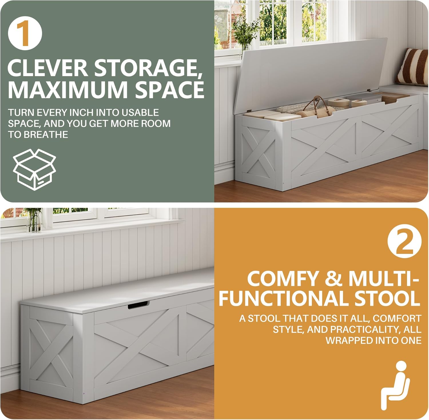 Kitchen Breakfast Nook Bench with Cushions, L Shape Corner Storage Bench, Wood Flip-Top Dining Benches with Hidden Storage, for Reading Nook, Entryway, Cloakroom, White + Grey