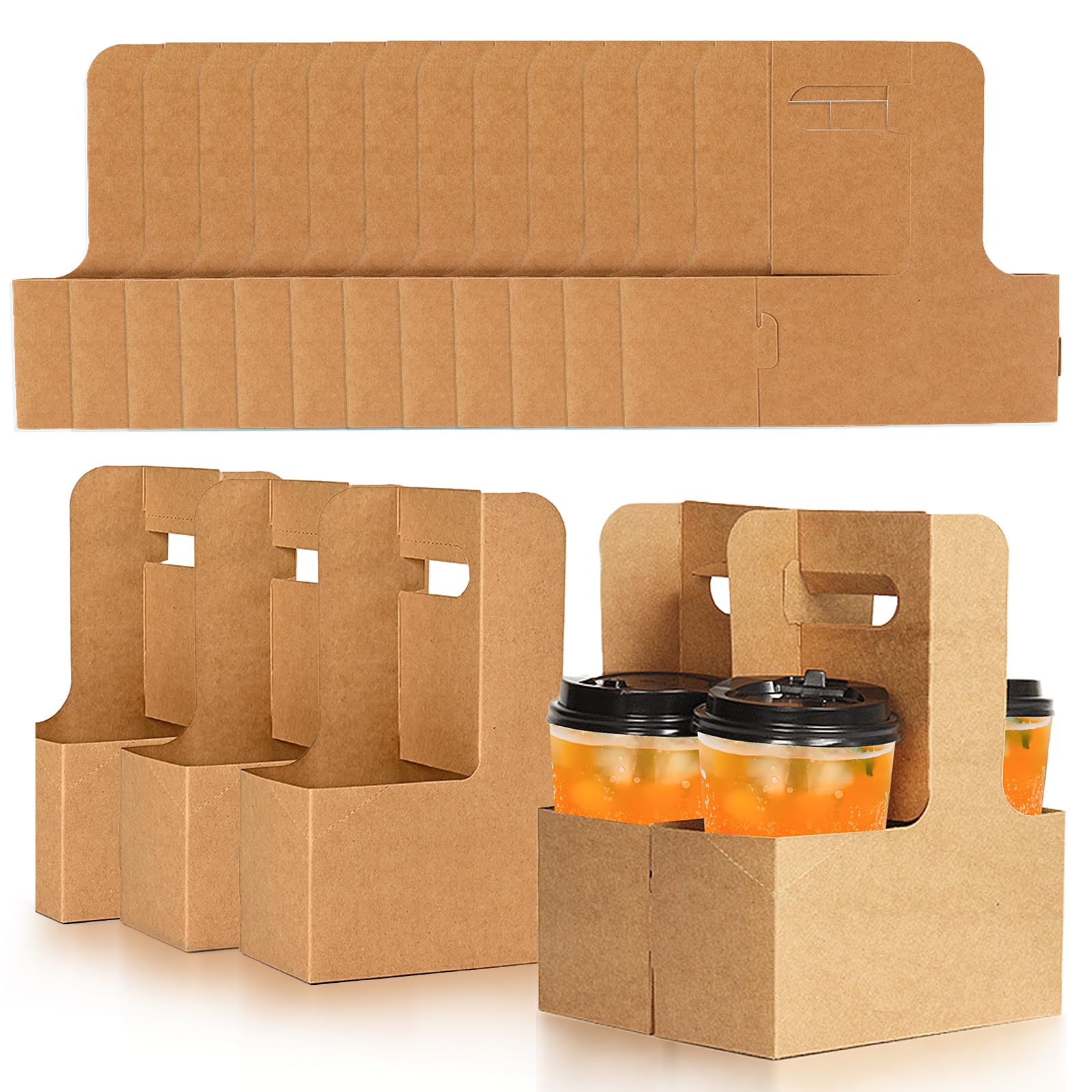 Nexboraque 50 Pack 2 Cup Kraft Drink Carrier with Handle, 2 or 4 Cup Kraft Paperboard Drink Carrier Disposable to Go Coffee Cup Holder for Hot or Cold Drinks, Food Delivery, Cafe