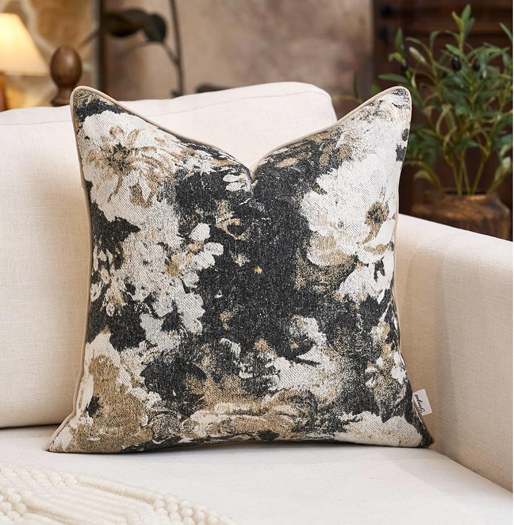Yangest Neutral Flower Pillow Cover 20 x 20 Inches, Nature Chenille Square Throw Pillow Cover Soft Luxury Accent Couch Pillow Cover for Living Room Bedroom, Black