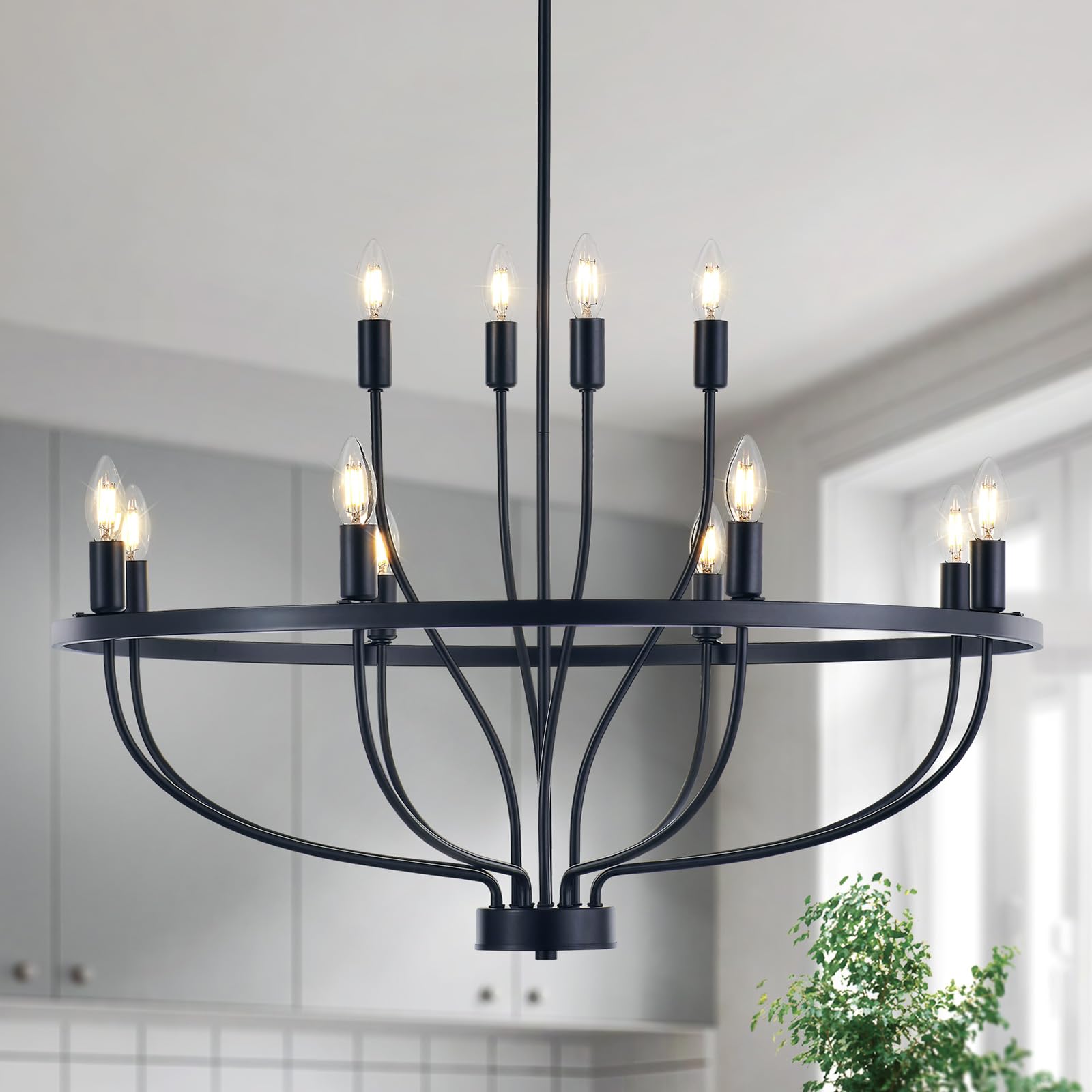 Widluth Industrial 12-Lights Black Chandelier Vintage Farmhouse Candle Style Black Chandelier Light Fixture Retro Modern Black Chandelier for Dining Room, Kitchen Island, Living Room, Bar, E12