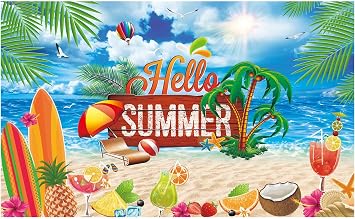 Funnytree Hello Summer Beach Party Backdrop Tropical Seaside Island Pool Party Photography Background Blue Sea Sky Hawaii Sunshine Luau Themed Decorations Photo Booth Props