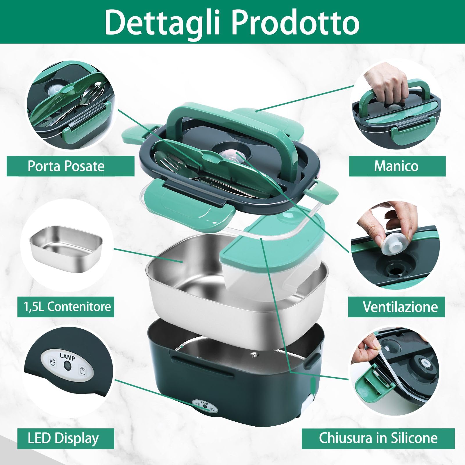 Lunch Box Elettrico Portatile 4 in 1 12V/24V/110V/220V 1.5L 60W Acciaio Inox Auto Camion Ufficio