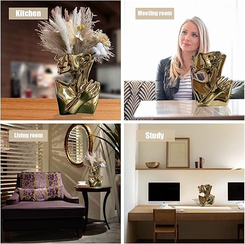 Miniatura 6 de Ceramics Estatua de cerámica, florero de cara, macetas de busto de cabeza para regalos de cumpleaños, decoración del hogar y la oficina (dorada)