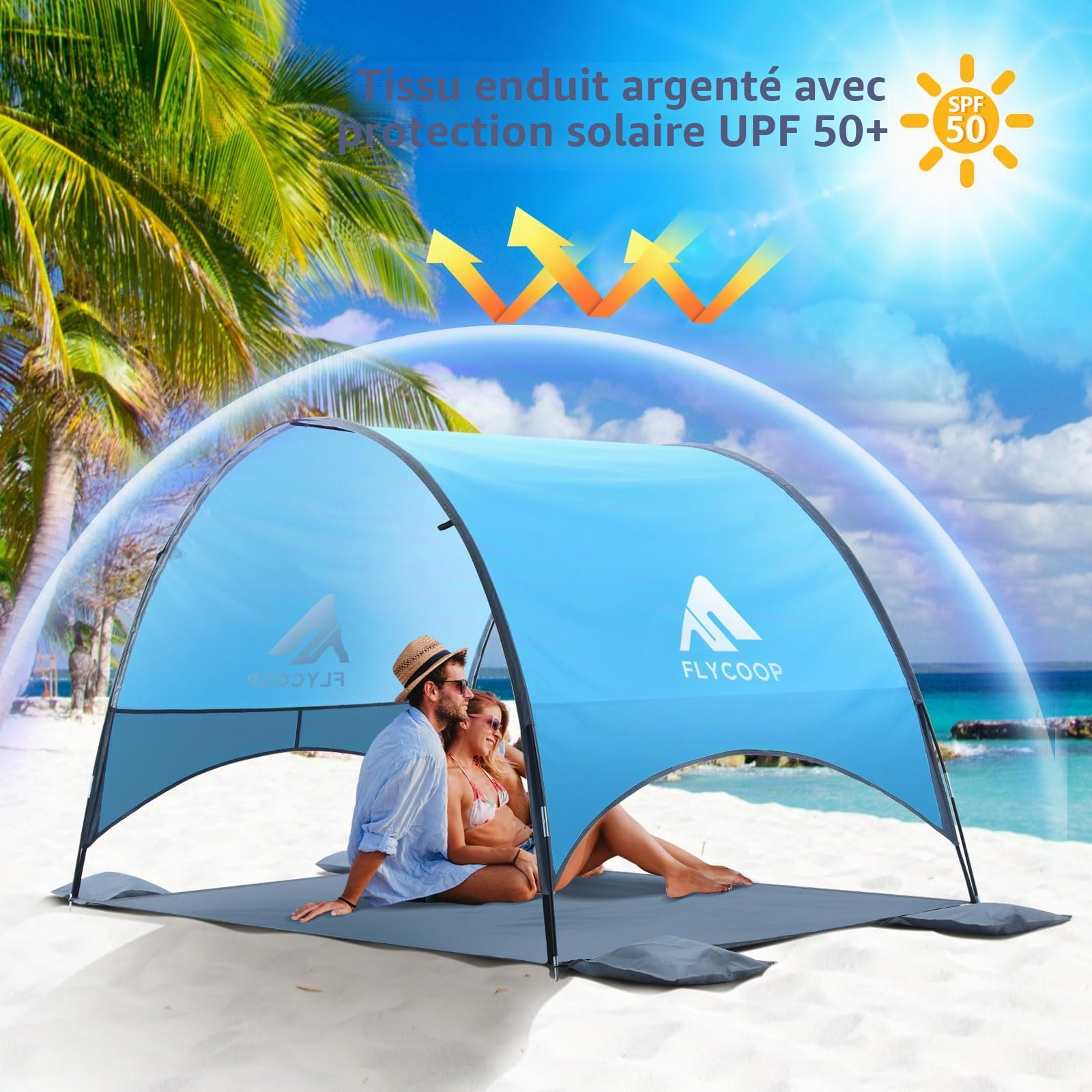 Parasol de Plage amélioré 2026 avec Protection UV UPF 50+ – Auvent de Plage Compact et Portable avec Ventilation à 360°, Cordes à Vent et piquets – Famille, Voyage, arrière-Cour, Parc