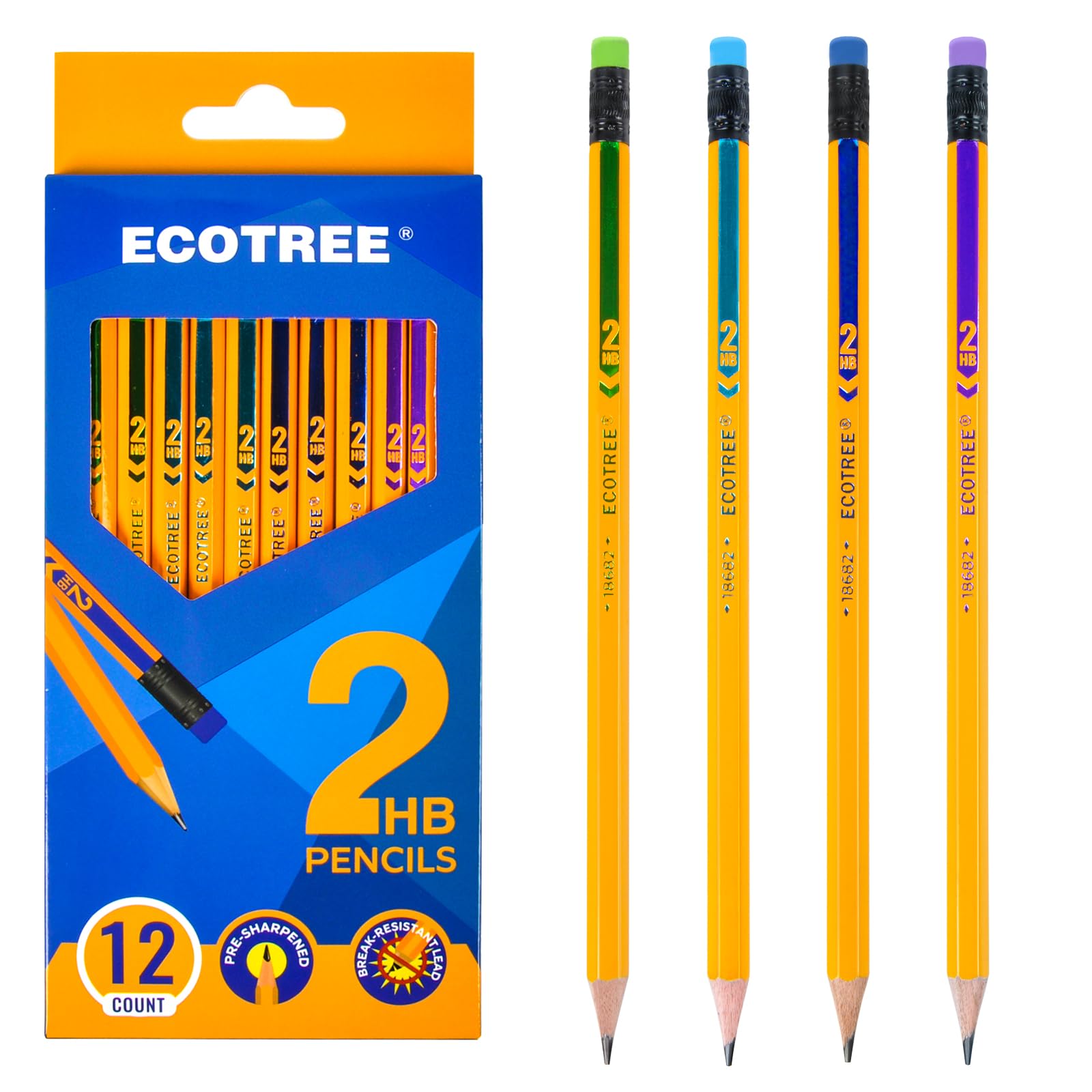 ECOTREE Pre-Sharpened Pencils #2 Wood-Cased Number 2 Pencils with Erasers Yellow Pencil for School, Writing, 12 Count