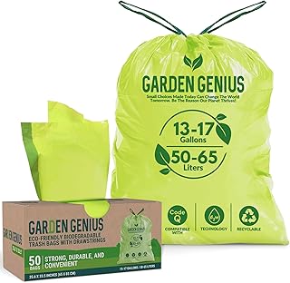Biodegradable 13-17 Gallon Code-Q Trash Bags (50 Pack) | Strong Heavy-Duty Tall Green Kitchen Bags w/Drawstring | Fits Simplehuman & Standard Cans | Eco-Friendly D2W, 30 Micron Thick | 25.6" x 33.5"