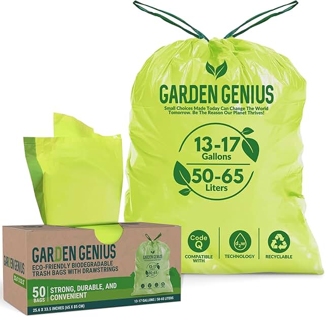 Biodegradable 13-17 Gallon Code-Q Trash Bags (50 Pack) | Strong Heavy-Du...