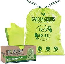 Biodegradable 13-17 Gallon Code-Q Trash Bags (50 Pack) | Strong Heavy-Duty Tall Green Kitchen Bags w/Drawstring | Fits Simplehuman & Standard Cans | Eco-Friendly D2W, 30 Micron Thick | 25.6" x 33.5"