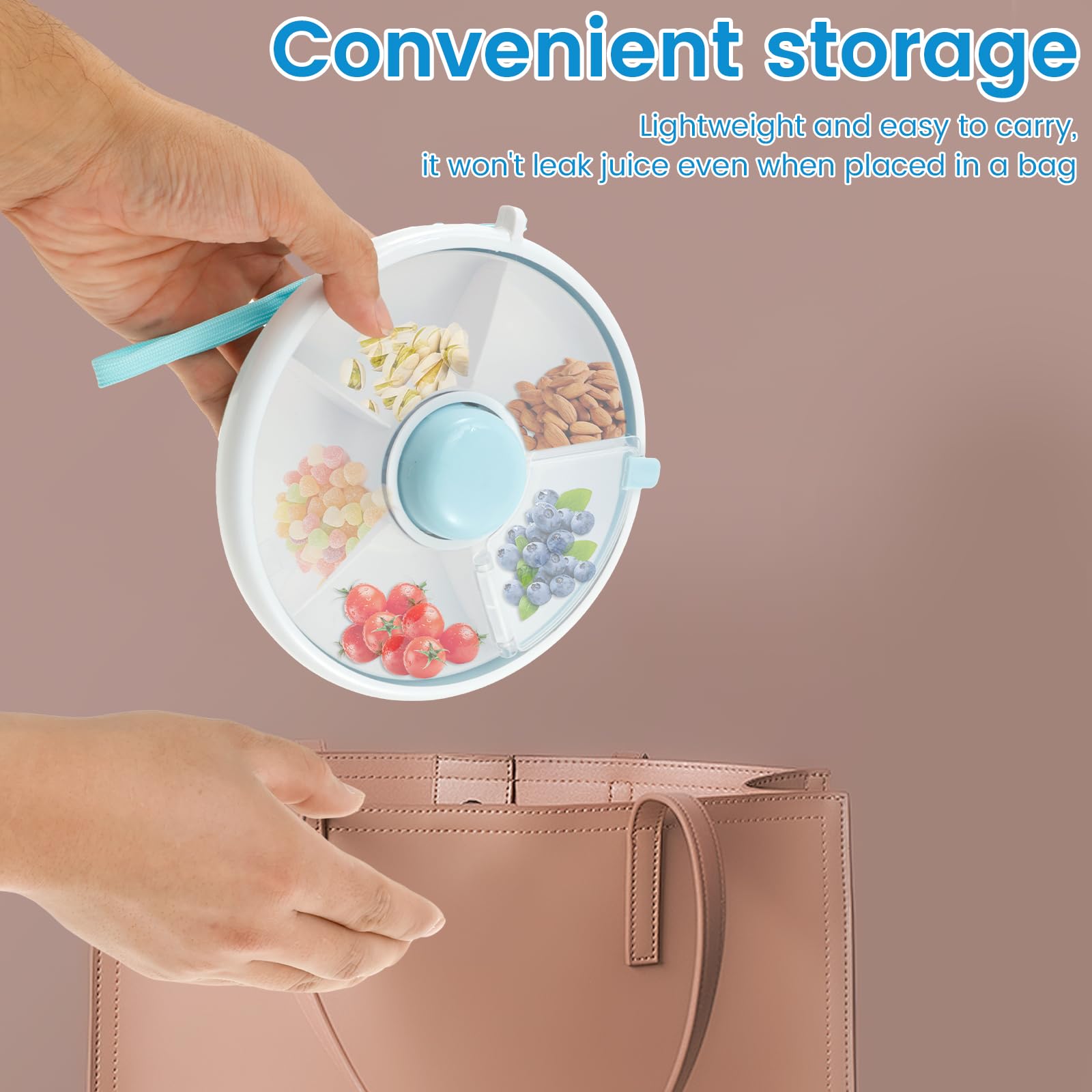 Kids Snack Spinner Toddler Spinner Snack Box with Hand Strap 18cm 5 Compartments Portable Snack Serving Tray Divided Kids Snack Container for Picnic Travel Candy Nut(Blue) - Image 2